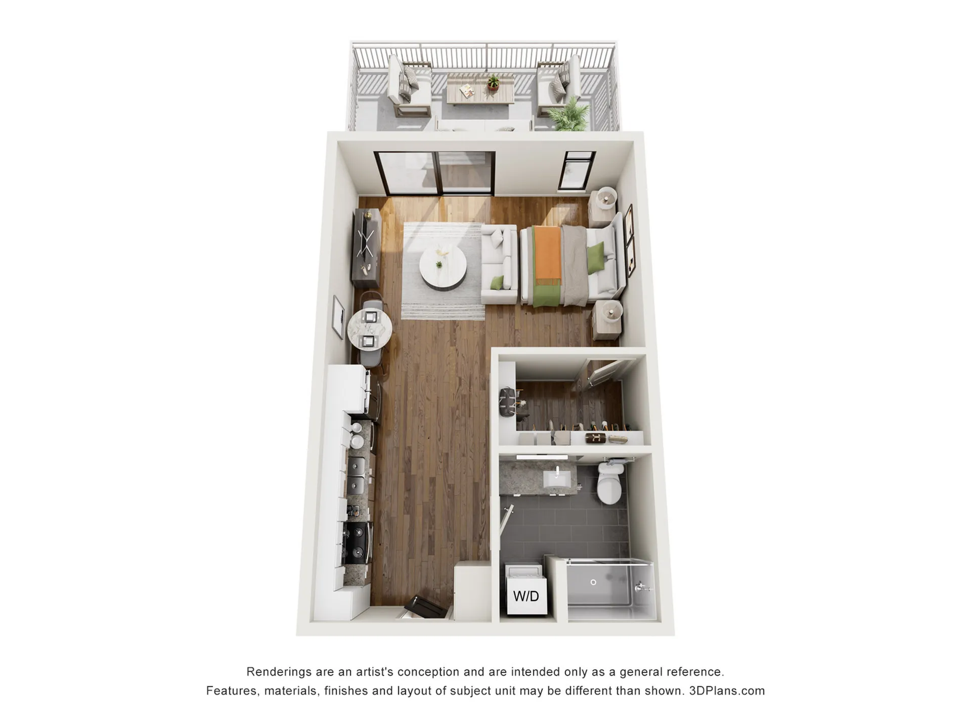 Modern open-concept apartment floor plan featuring one bedroom, cozy living area, compact kitchen, and a private balcony.