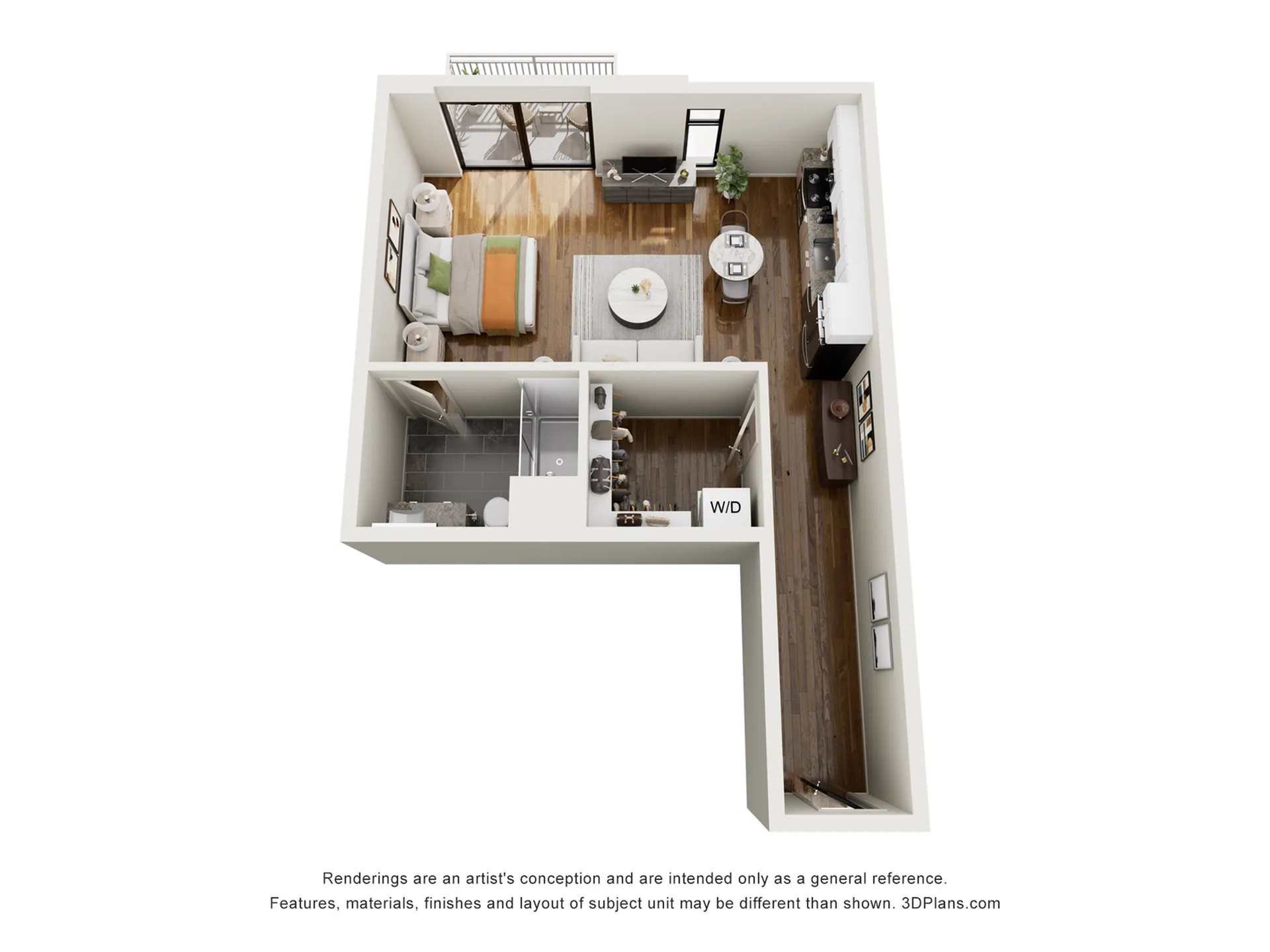 Chic 3D floor plan showcasing a modern one-bedroom apartment with an open living space, stylish kitchen, and private balcony.