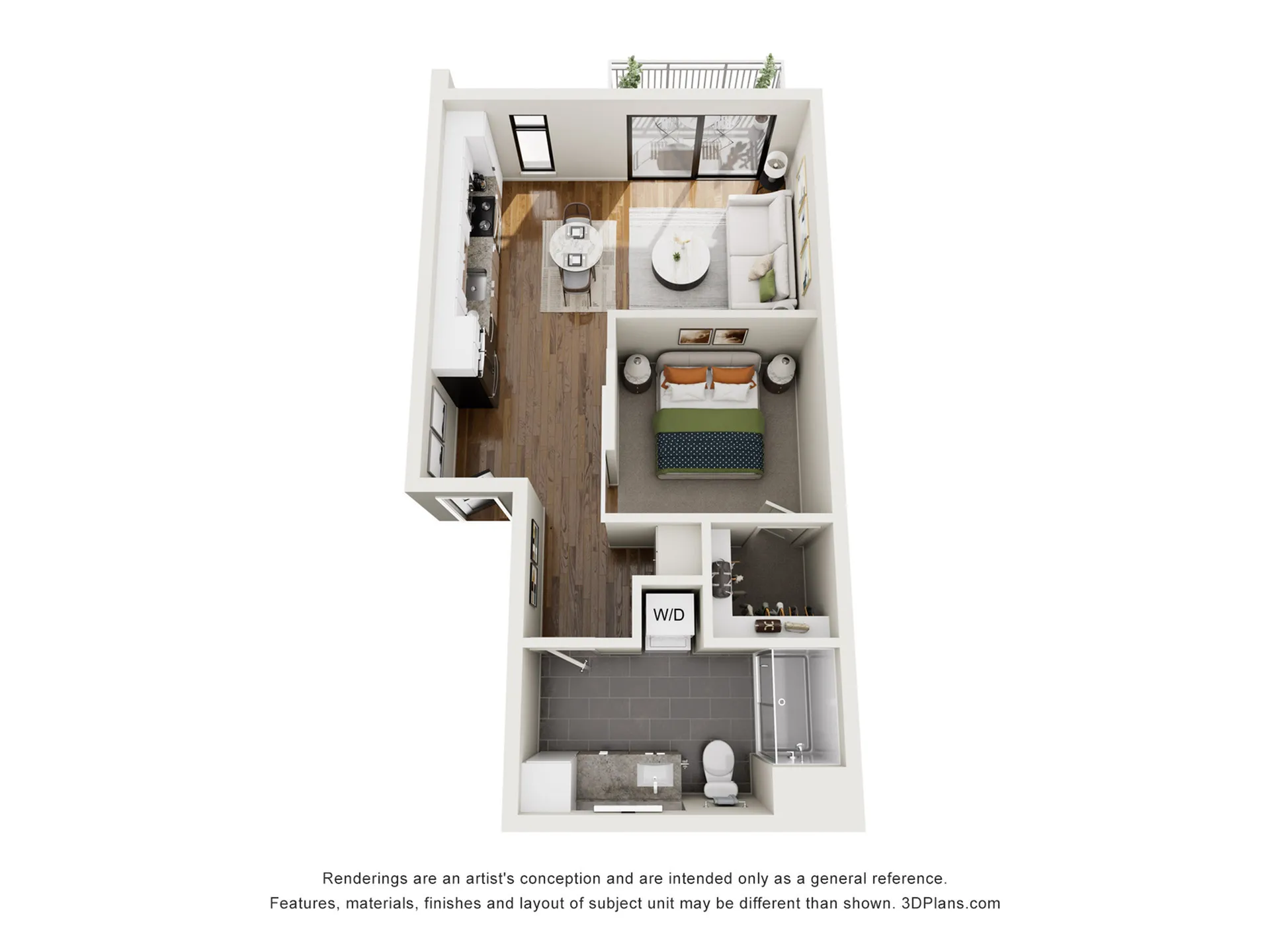 Chic 3D floor plan showcasing a modern 1-bedroom apartment with open-concept living and dining area, sleek kitchen, stylish bathroom, and private balcony.