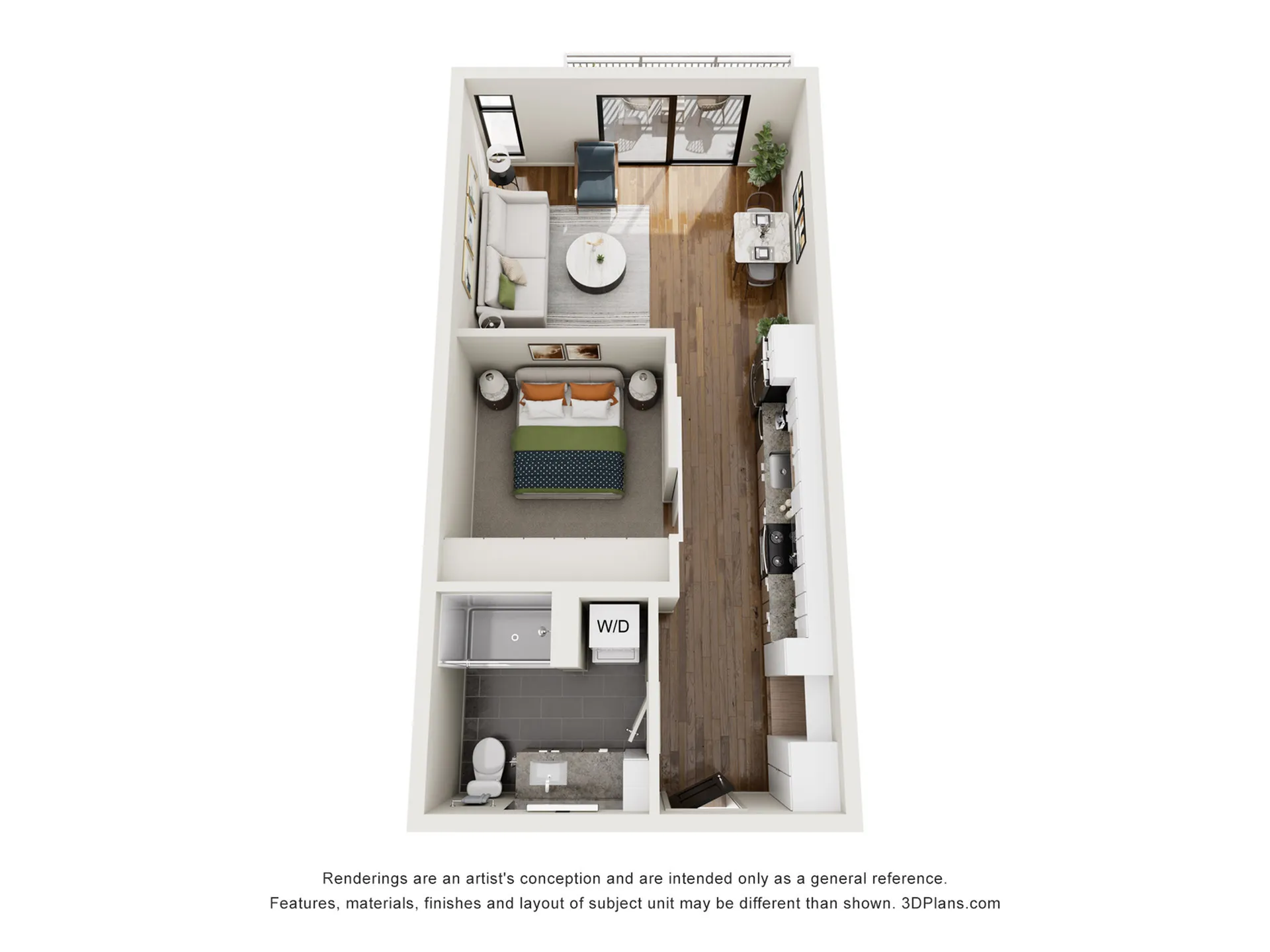 Contemporary 3D floor plan featuring a cozy bedroom, modern kitchen with island seating, stylish living area, and a balcony view.
