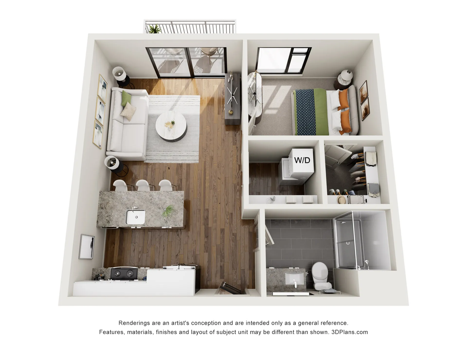 Modern 1-bedroom apartment floor plan featuring a cozy living area, stylish kitchen with an island, spacious bathroom, and private balcony.