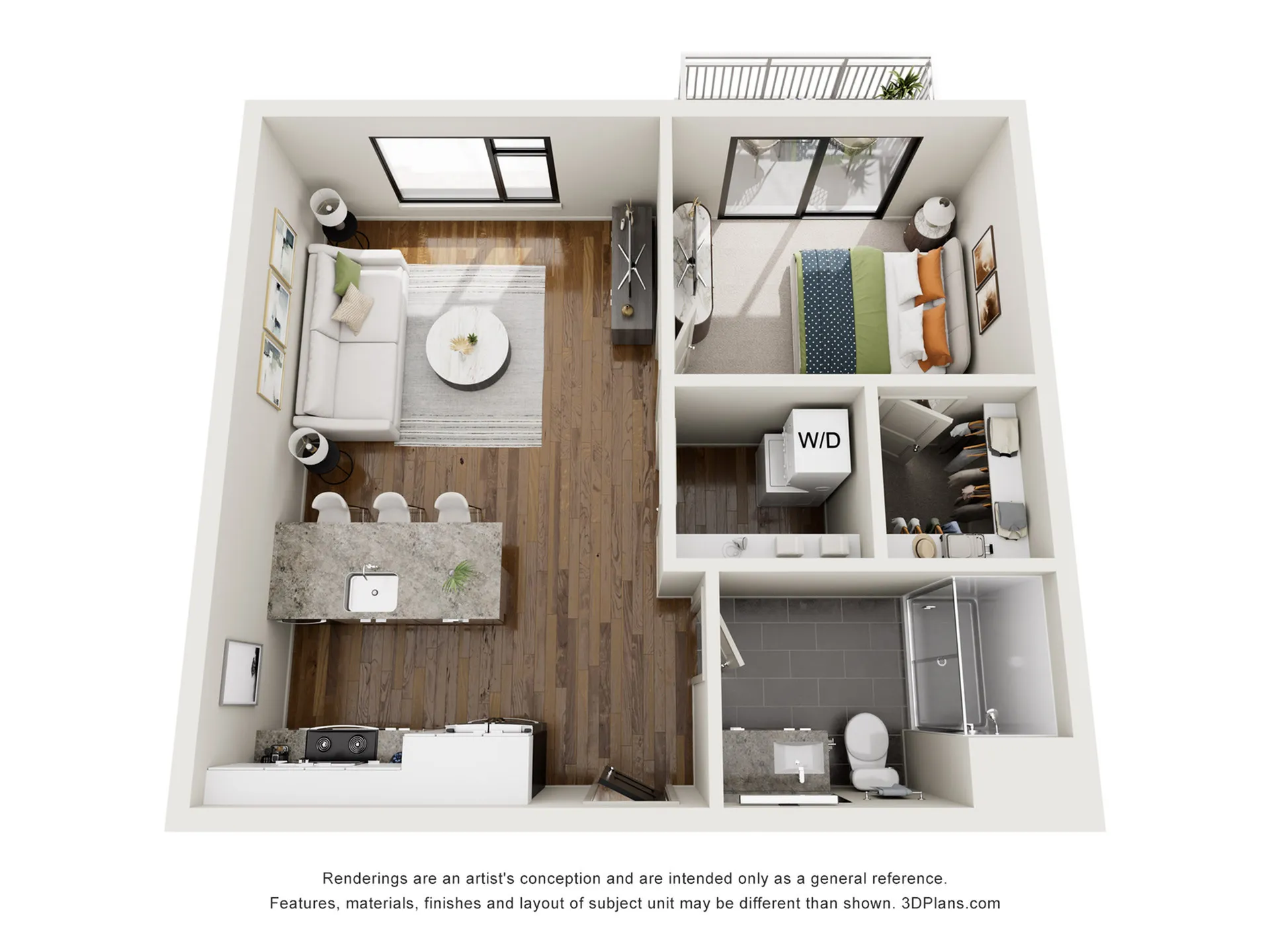 Chic 3D apartment layout featuring a cozy living room, modern kitchen with island seating, spacious bedroom, and stylish bathroom. Includes in-unit laundry and a private balcony.