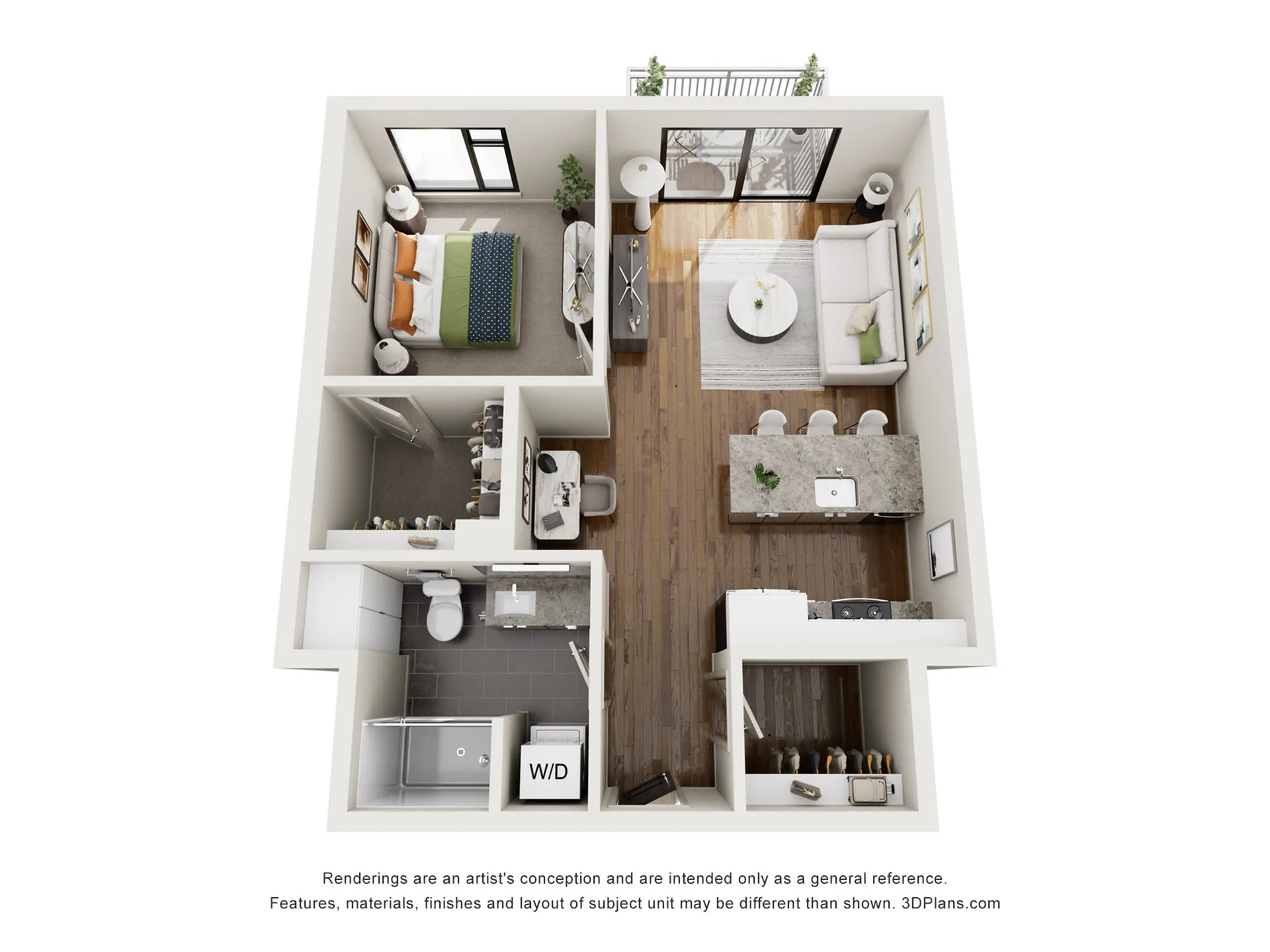 Modern 3D apartment floor plan with a cozy bedroom, spacious living area, stylish kitchen with island, and elegant balcony access.