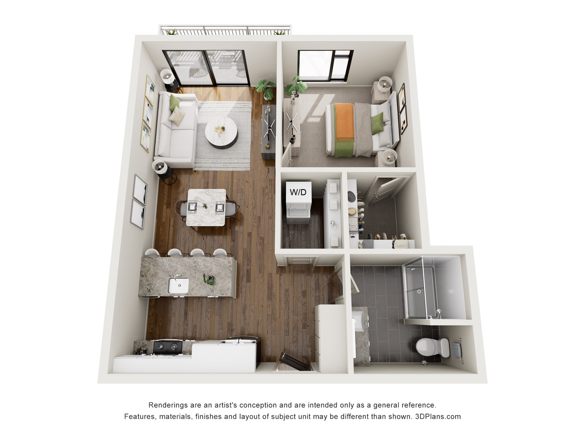 Cozy 3D floor plan showcasing a modern one-bedroom apartment with an open living room, sleek kitchen, and stylish bathroom.