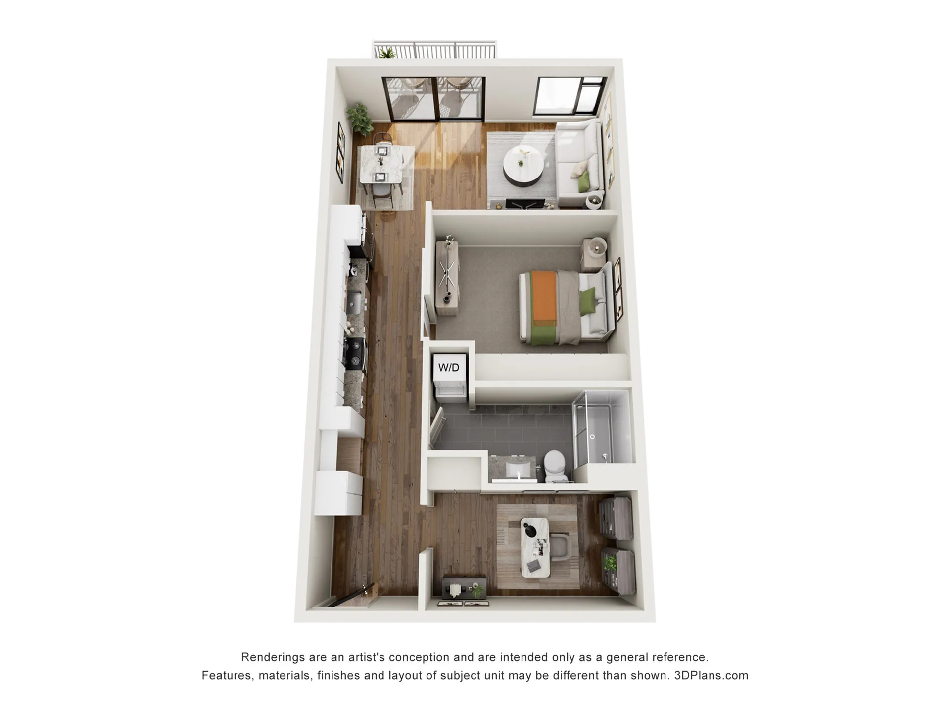 Modern 3D floor plan showcasing a one-bedroom apartment with open-concept kitchen, cozy living area, and private balcony.