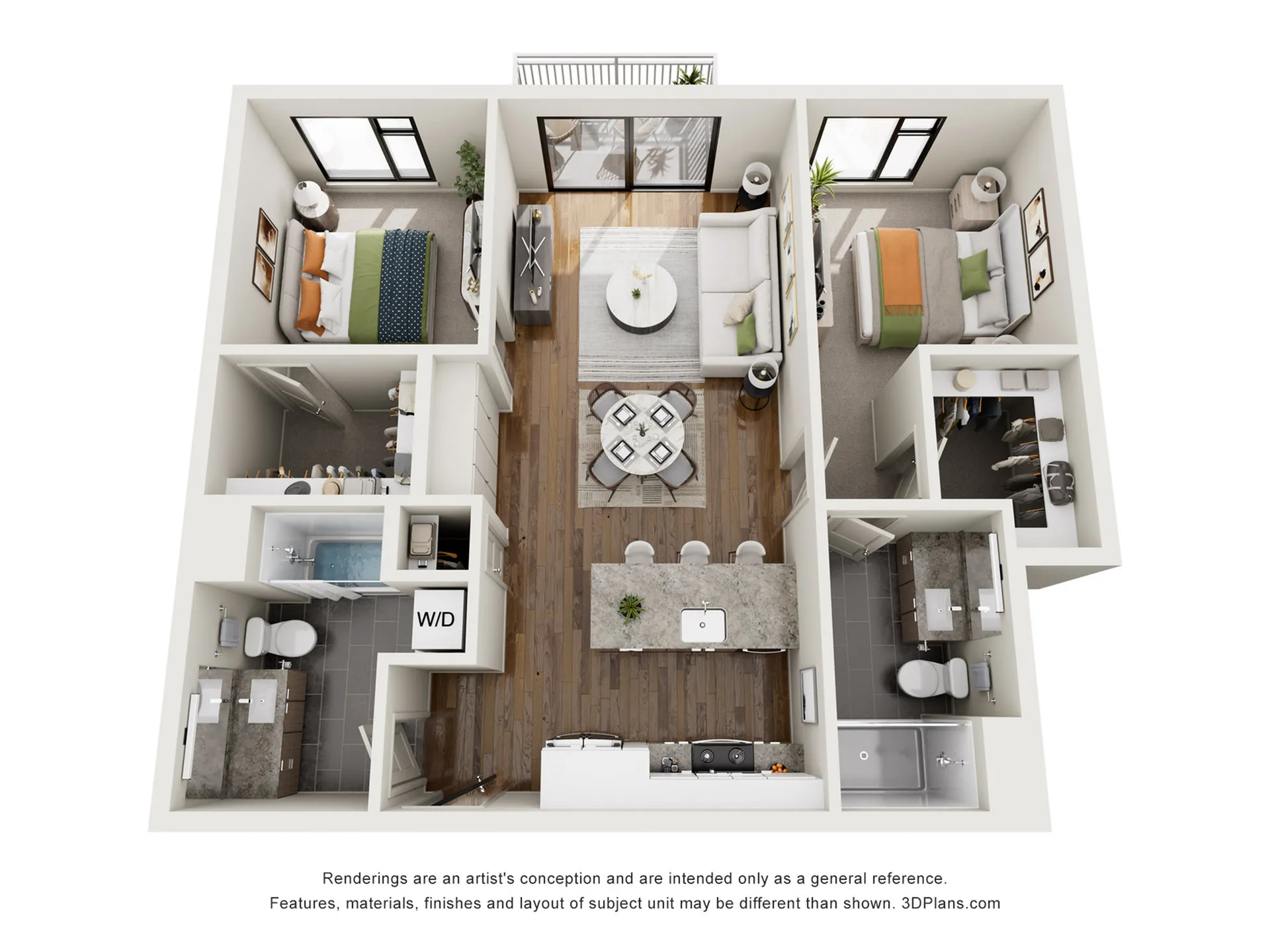 Charming 3D floor plan showcasing two stylish bedrooms, an elegant open-concept living and dining area, modern kitchen, and two luxurious bathrooms.