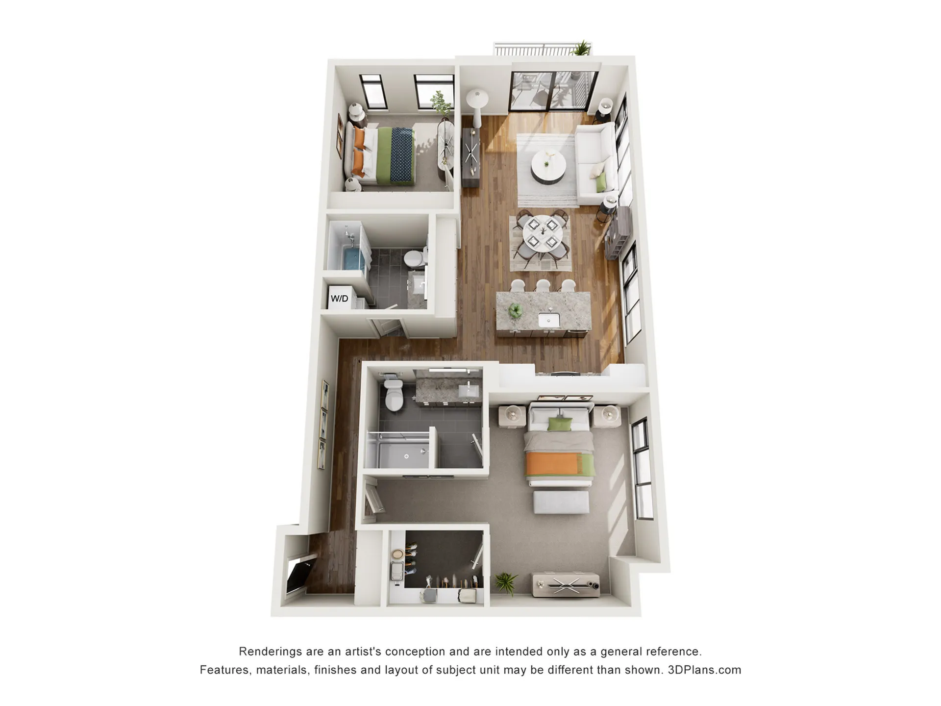 Modern 3D floor plan showcasing 2 bedrooms, 2 bathrooms, open-concept living area with kitchen, and a cozy balcony.