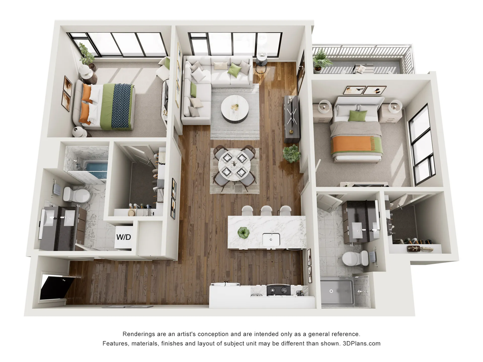 Contemporary apartment floor plan showcasing 2 cozy bedrooms, elegant open-concept living and dining area, modern kitchen, stylish bathrooms, and a charming balcony.