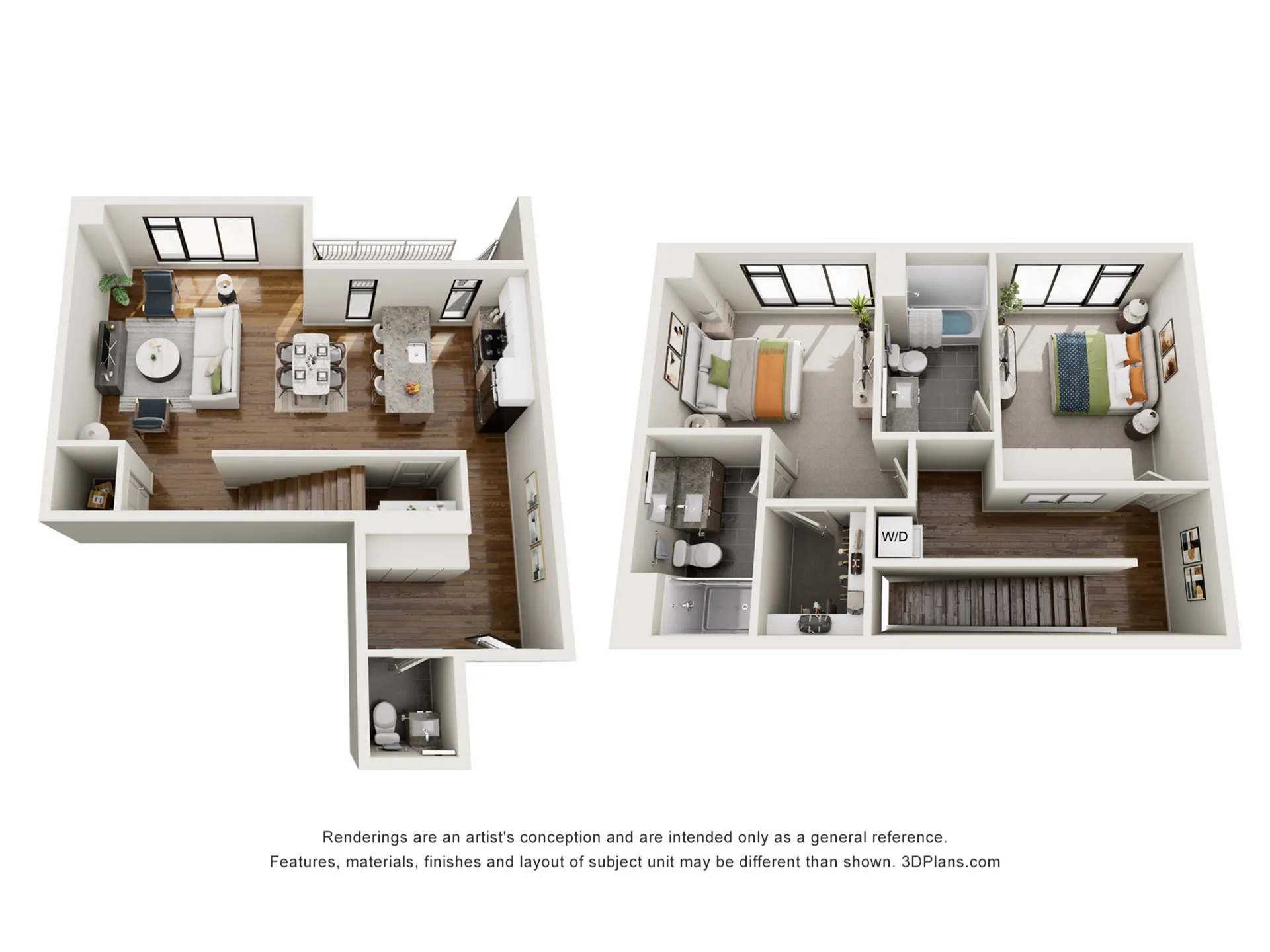 Modern 3D floor plan showcasing a stylish two-story apartment with open-concept living and dining area, sleek kitchen, two cozy bedrooms, and bathrooms. Ideal for comfortable living.