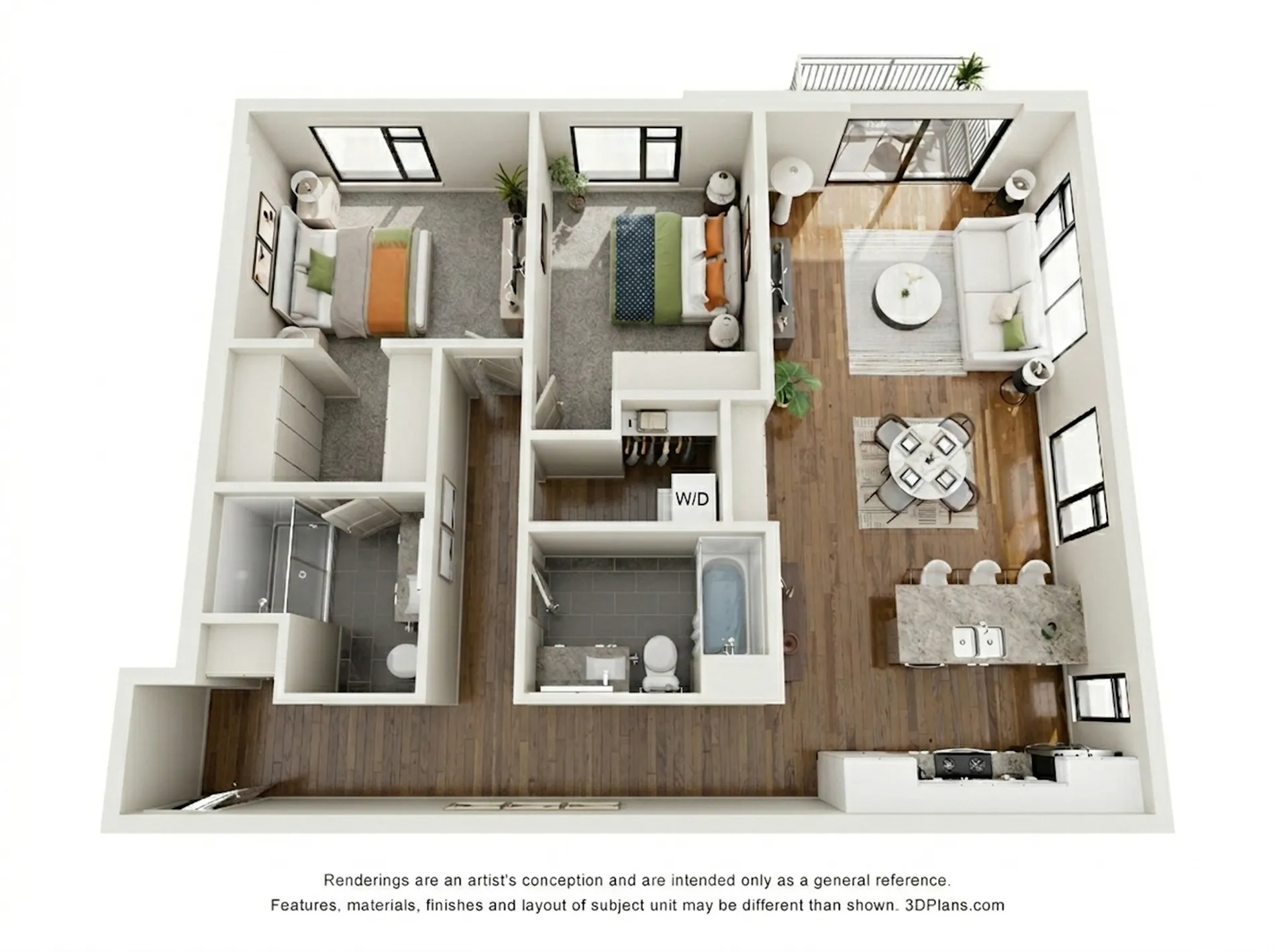 Modern 3D apartment floor plan showcasing 2 bedrooms, stylish open living area, sleek kitchen with island, and private balcony.