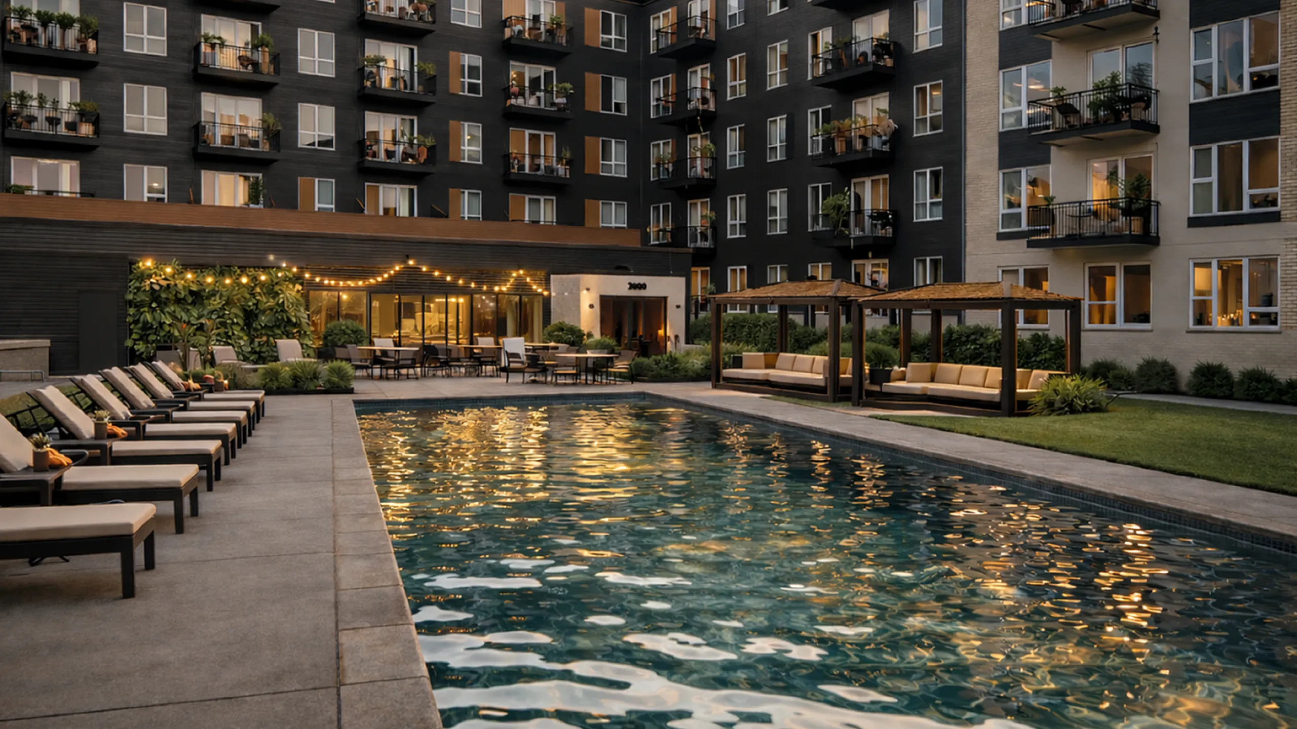 Elegant apartment complex with a sparkling pool and cozy lounge area, surrounded by modern architecture and lush greenery.