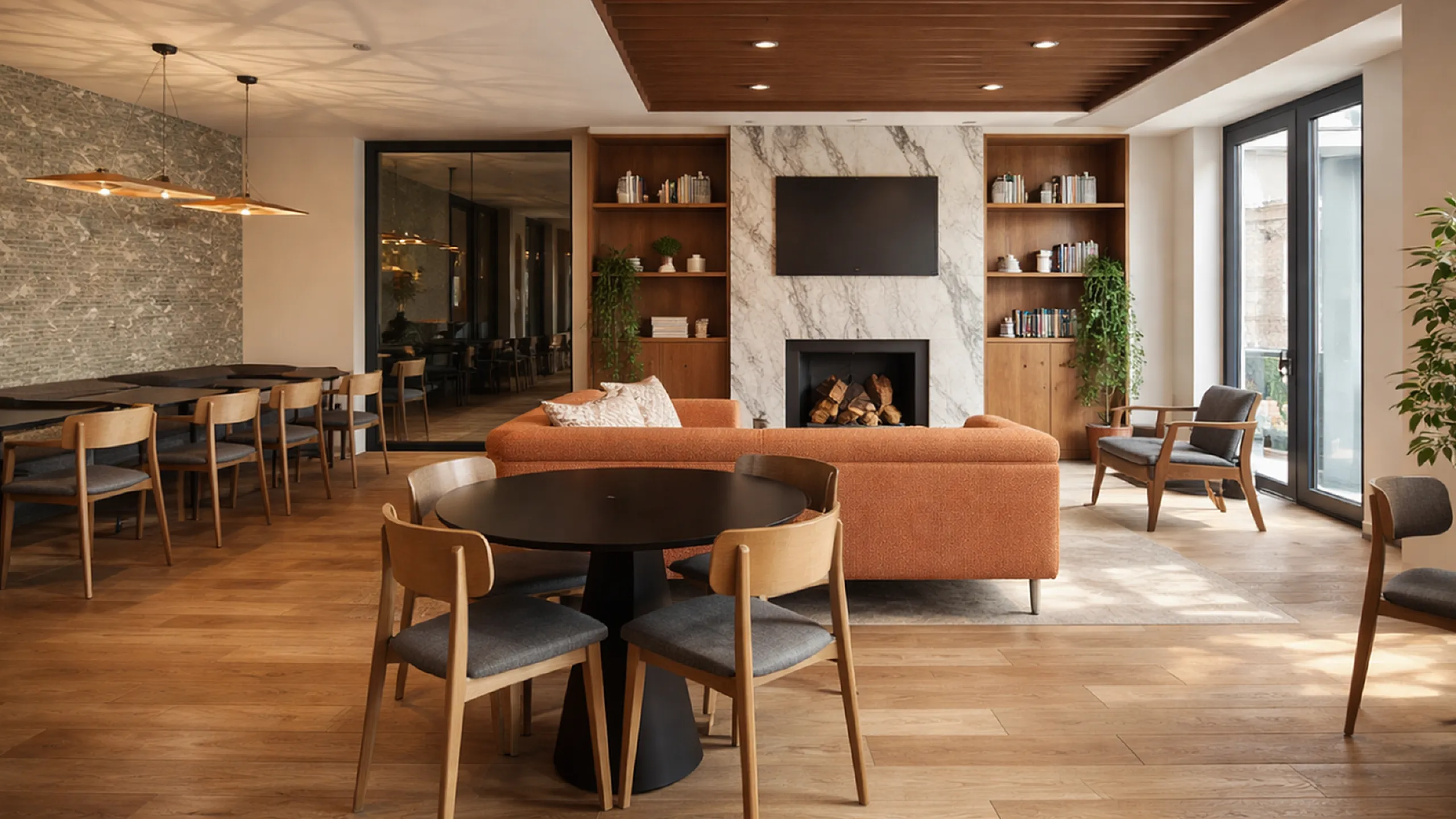 Luxurious modern living room with a cozy orange sofa, stylish fireplace, and elegant dining area, perfect for entertaining.