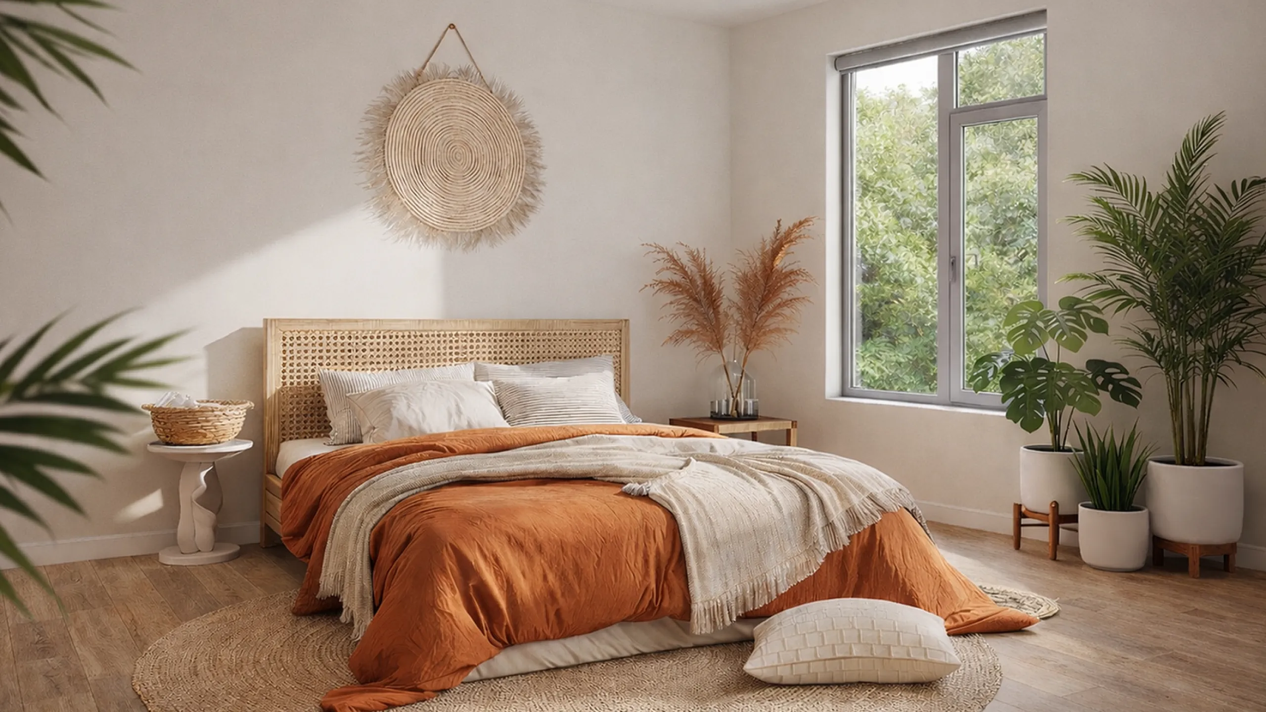 Bright and inviting bedroom featuring a cozy orange bedspread, stylish wicker headboard, and lush green plants.