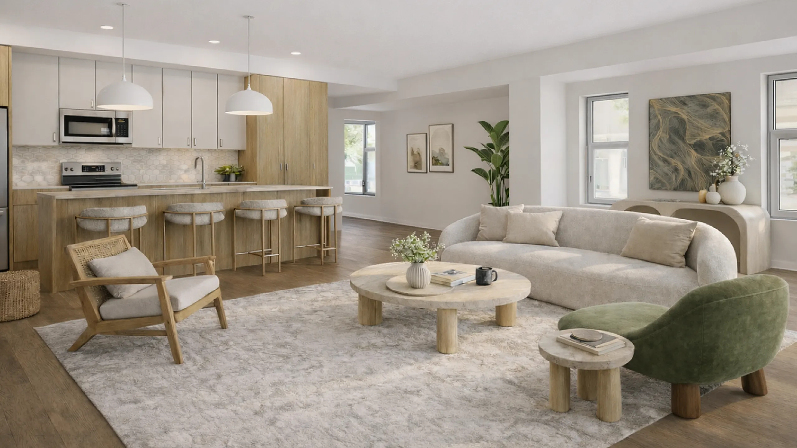 Elegant open-concept living area with modern kitchen, featuring sleek countertops, stylish pendant lighting, and comfortable seating in a bright, airy space.