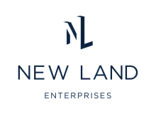 Elegant New Land Enterprises logo featuring a modern and sleek design with navy blue typography.