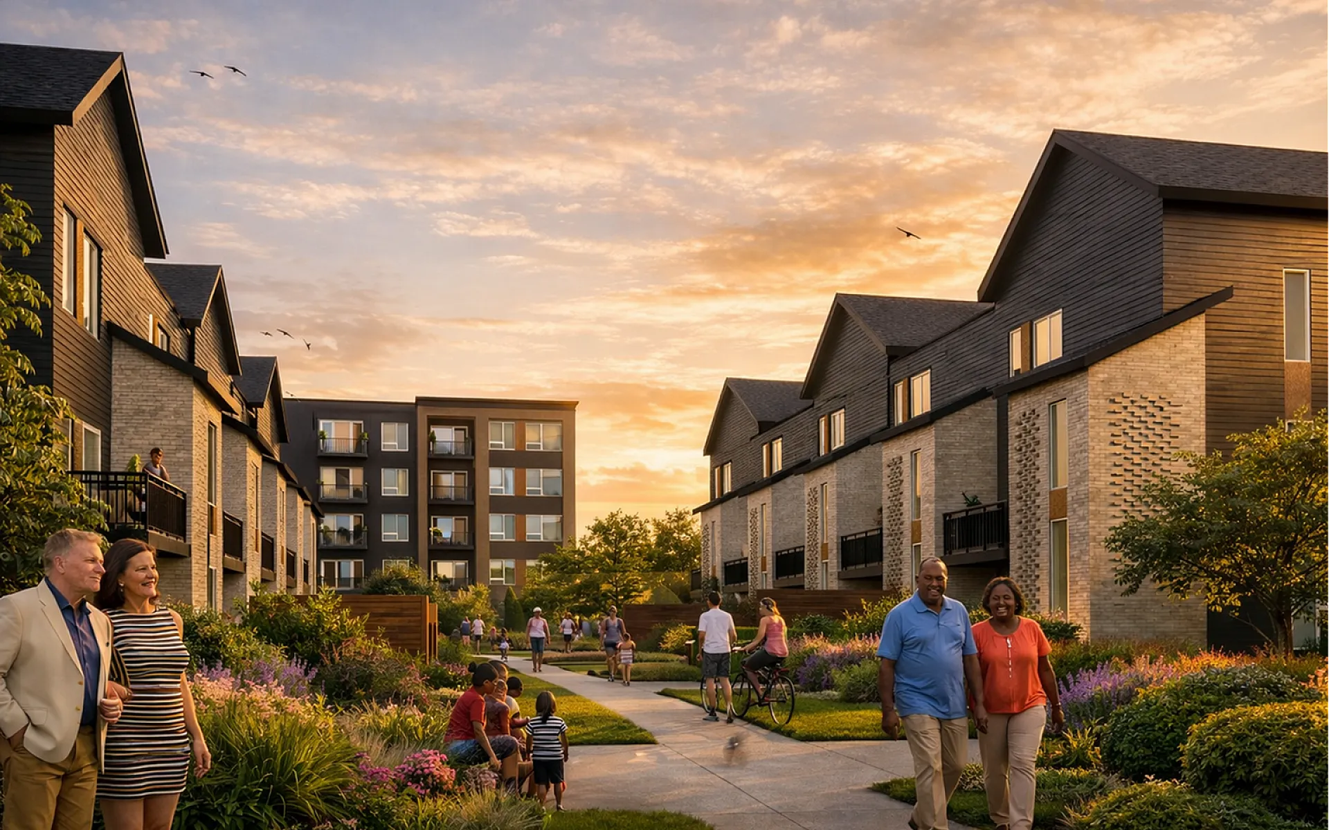 Serene community living with modern townhouses and lush gardens, featuring vibrant family-friendly pathways under a stunning sunset sky.