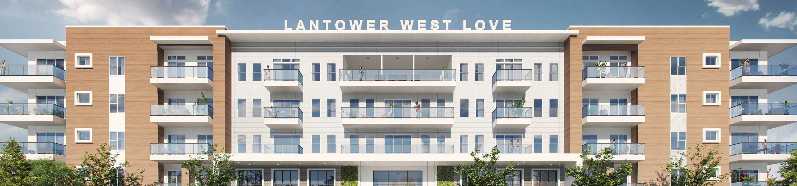 Modern apartment building with stylish balconies and lush landscaping under a clear blue sky.