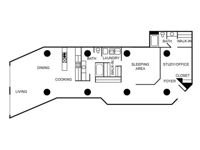 Two bedroom and two bathroom floorplan.