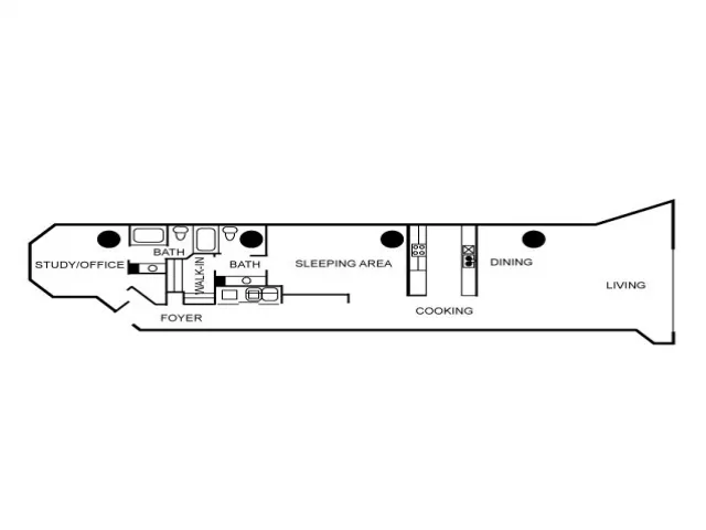 Two bedroom and two-bathroom apartment floor plan.