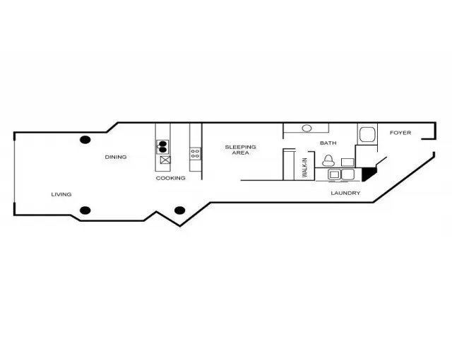 Loft style apartment featuring a living area, dining area, kitchen, bathroom, and bedroom.