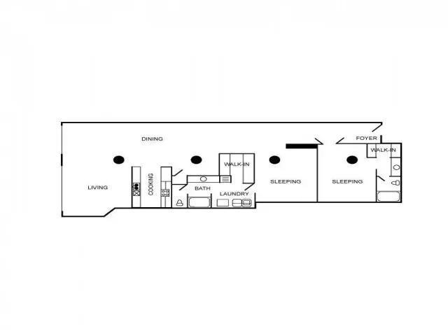 Loft apartment floor plan with 2 bedrooms and 2 bathrooms.