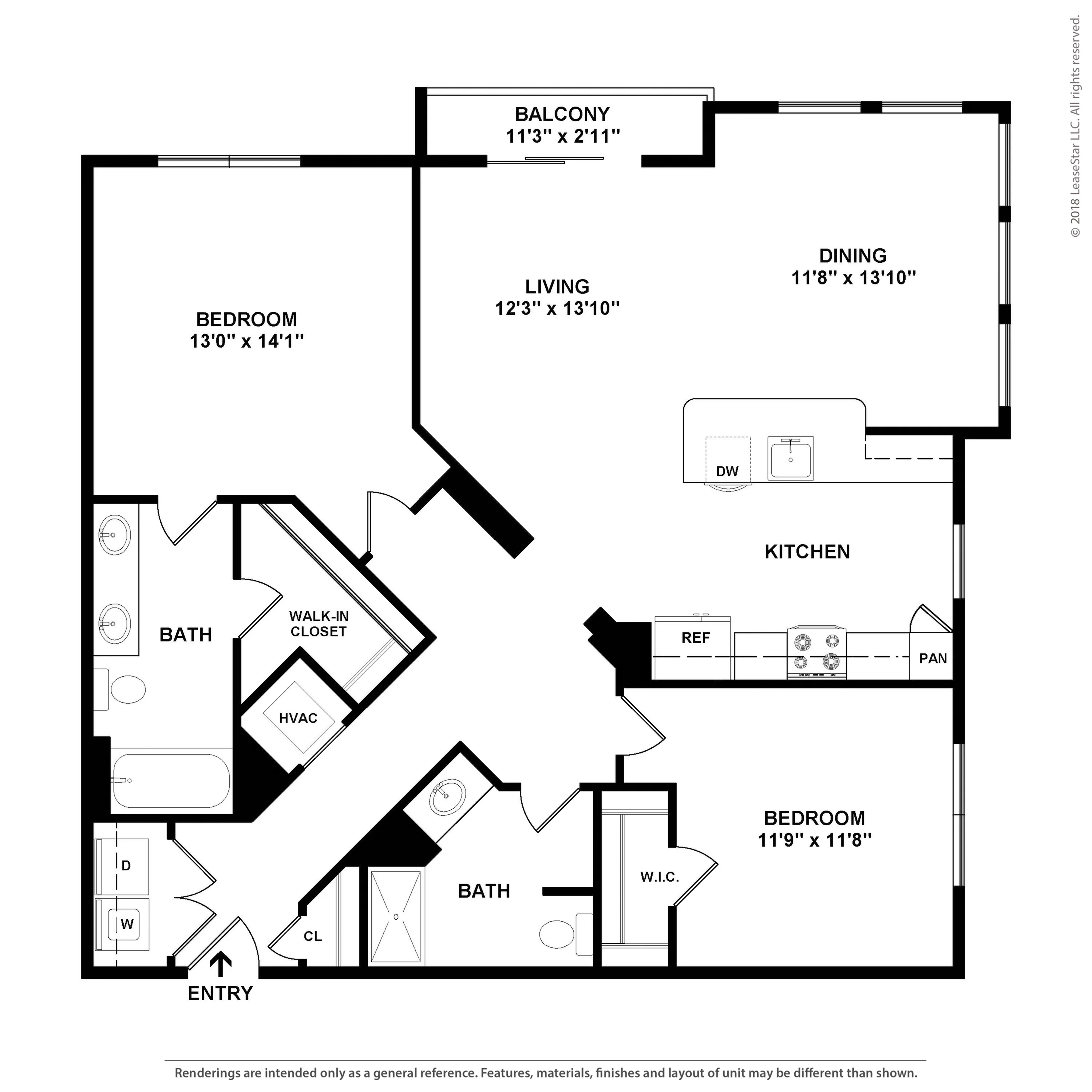 Spacious floor plan featuring 2 bedrooms, open living and dining areas, modern kitchen, and private balcony.