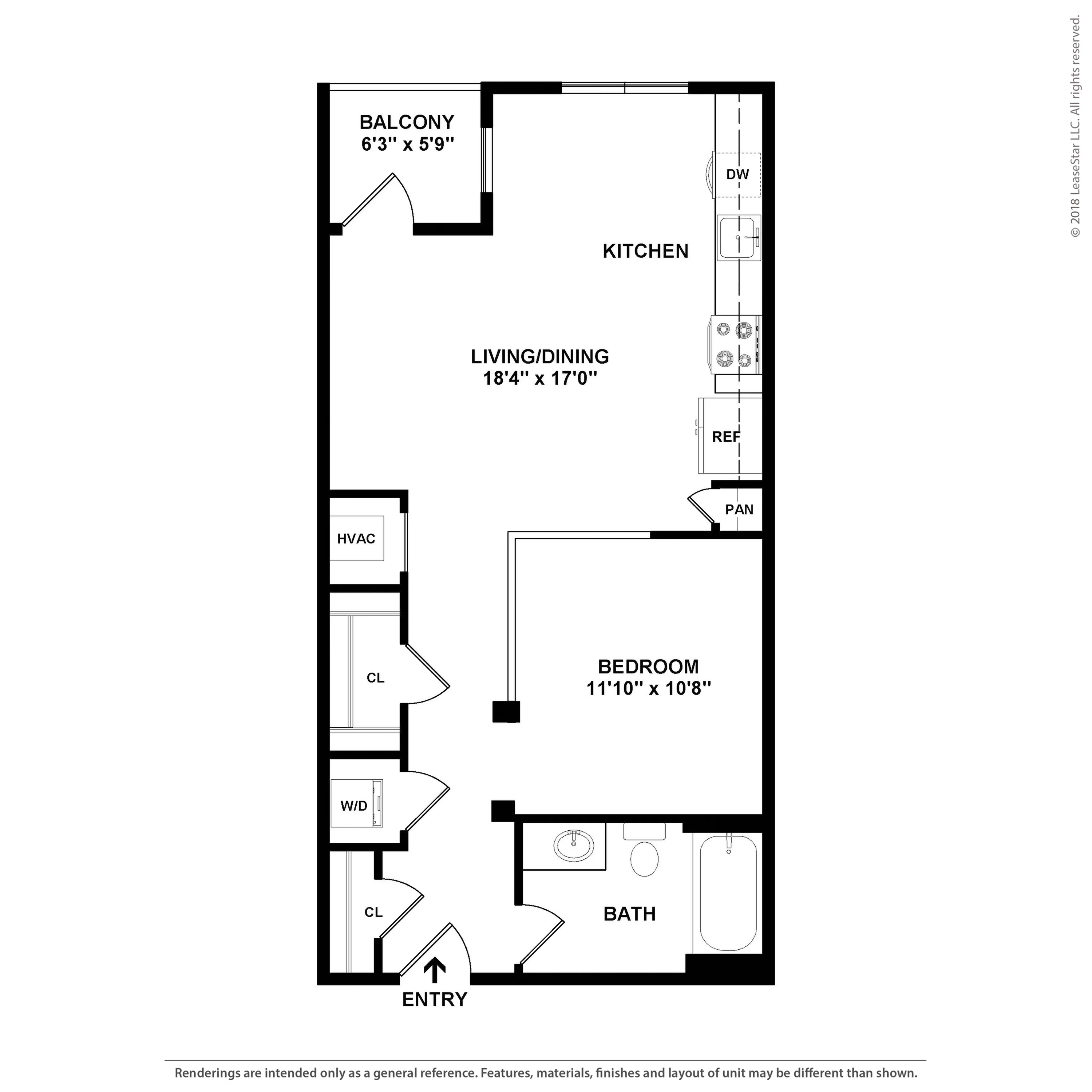 Modern floor plan featuring a spacious living and dining area, one bedroom with ample closet space, a contemporary kitchen, and a cozy balcony. Ideal for stylish urban living.