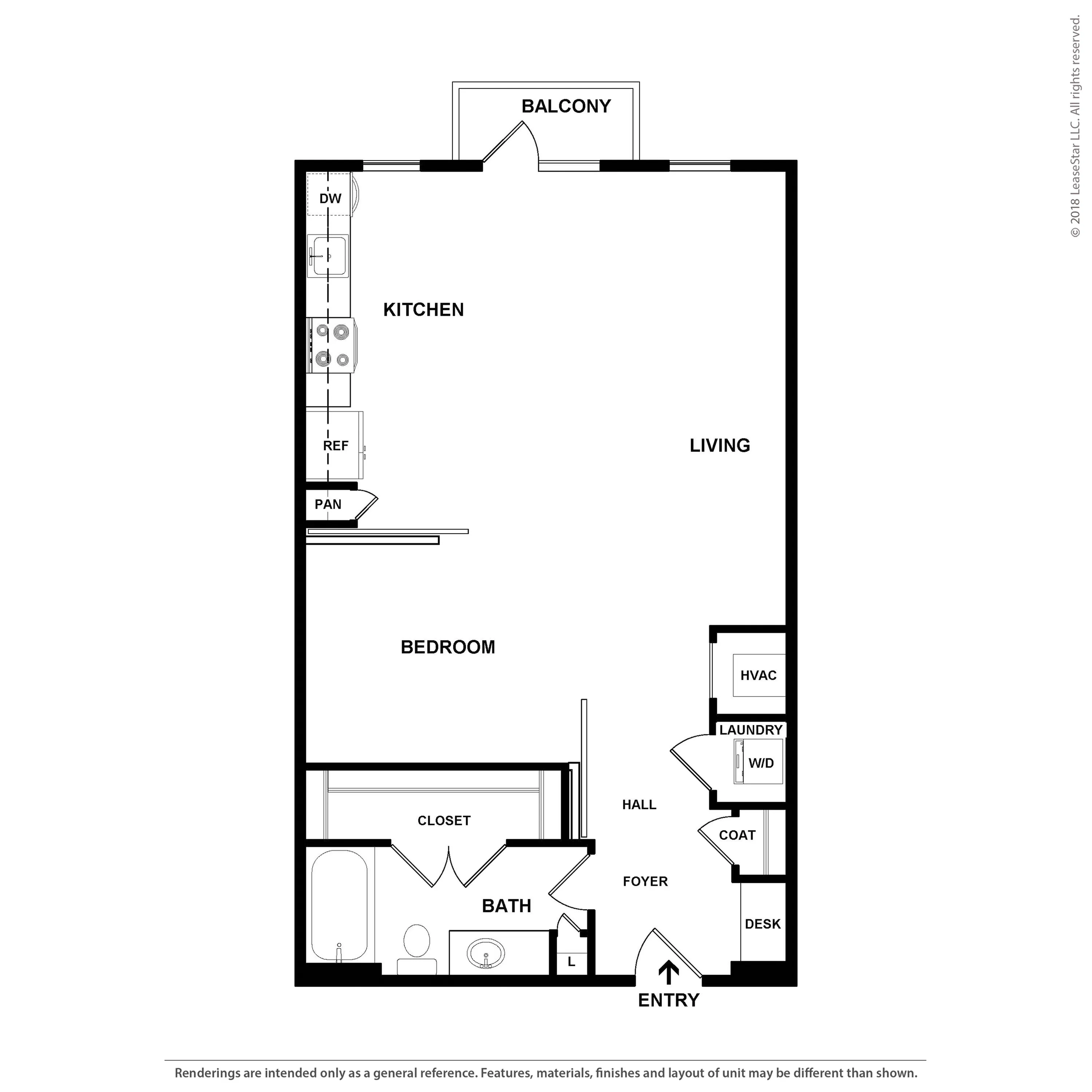 Modern apartment floor plan with 1 bedroom, open living and kitchen area, private balcony, and convenient laundry space.