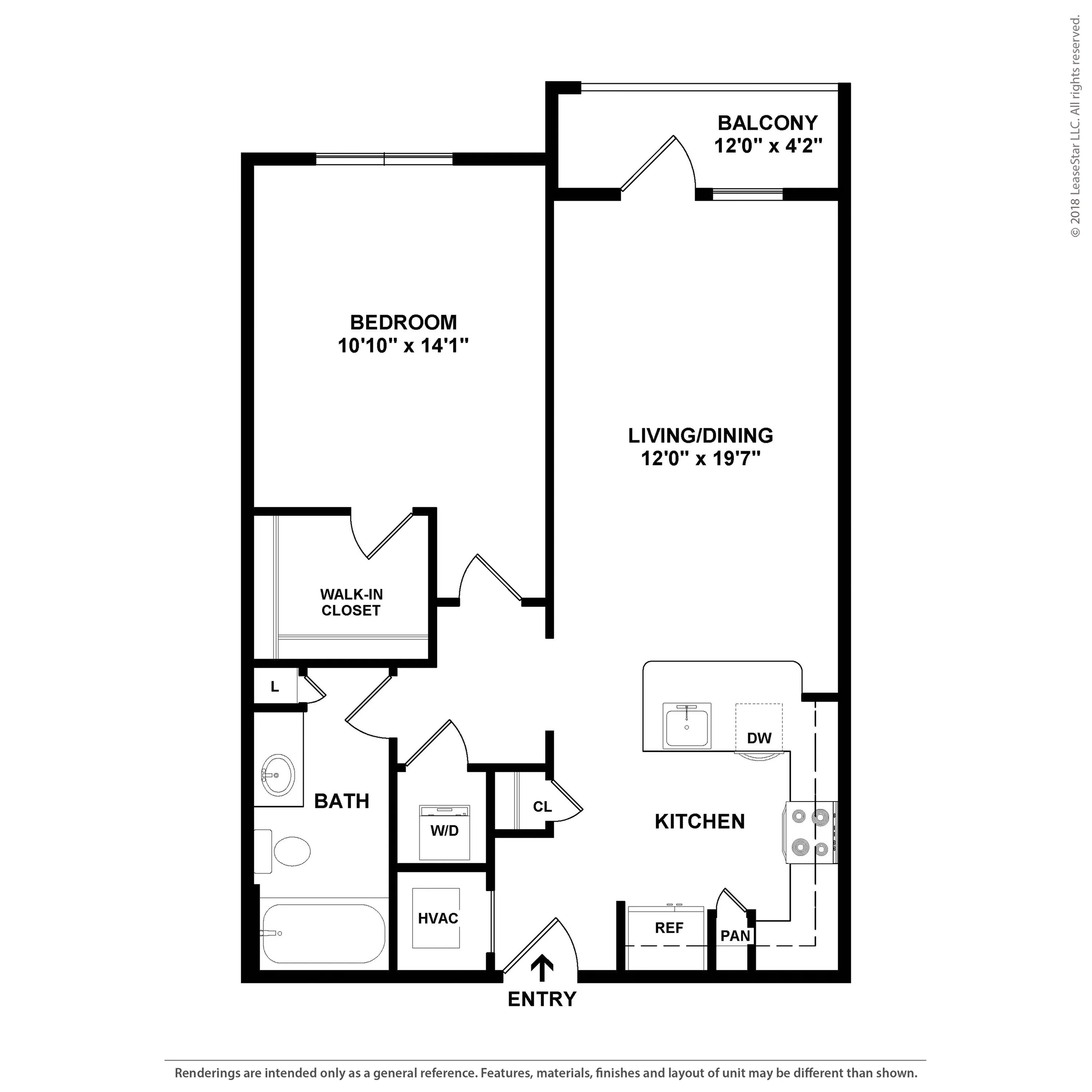 Modern floor plan featuring a spacious bedroom, walk-in closet, and a large living/dining area with a balcony. Includes a well-equipped kitchen and a convenient bath.