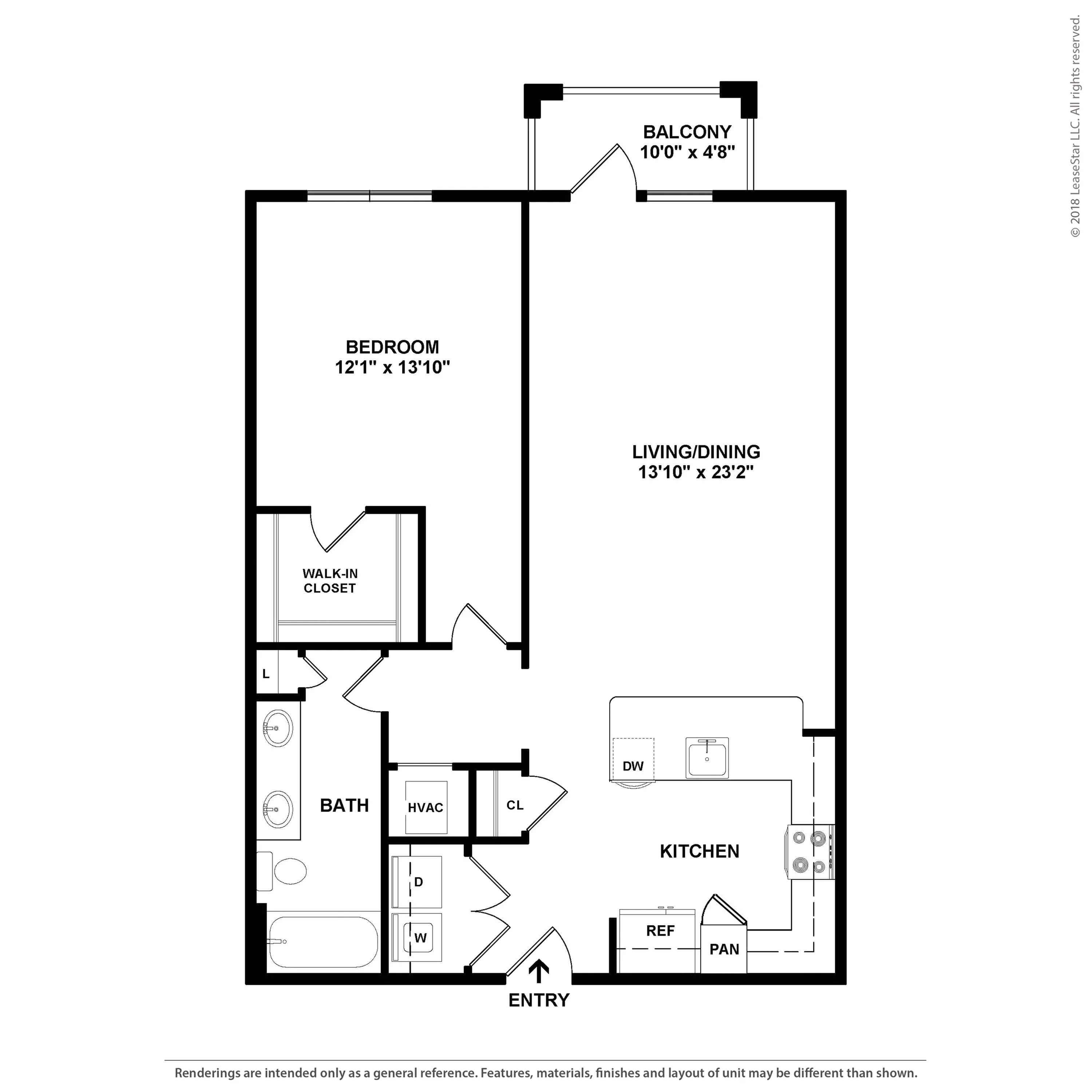 Modern 2D floor plan showcasing a spacious 1-bedroom layout with open-concept living/dining area, walk-in closet, and private balcony.