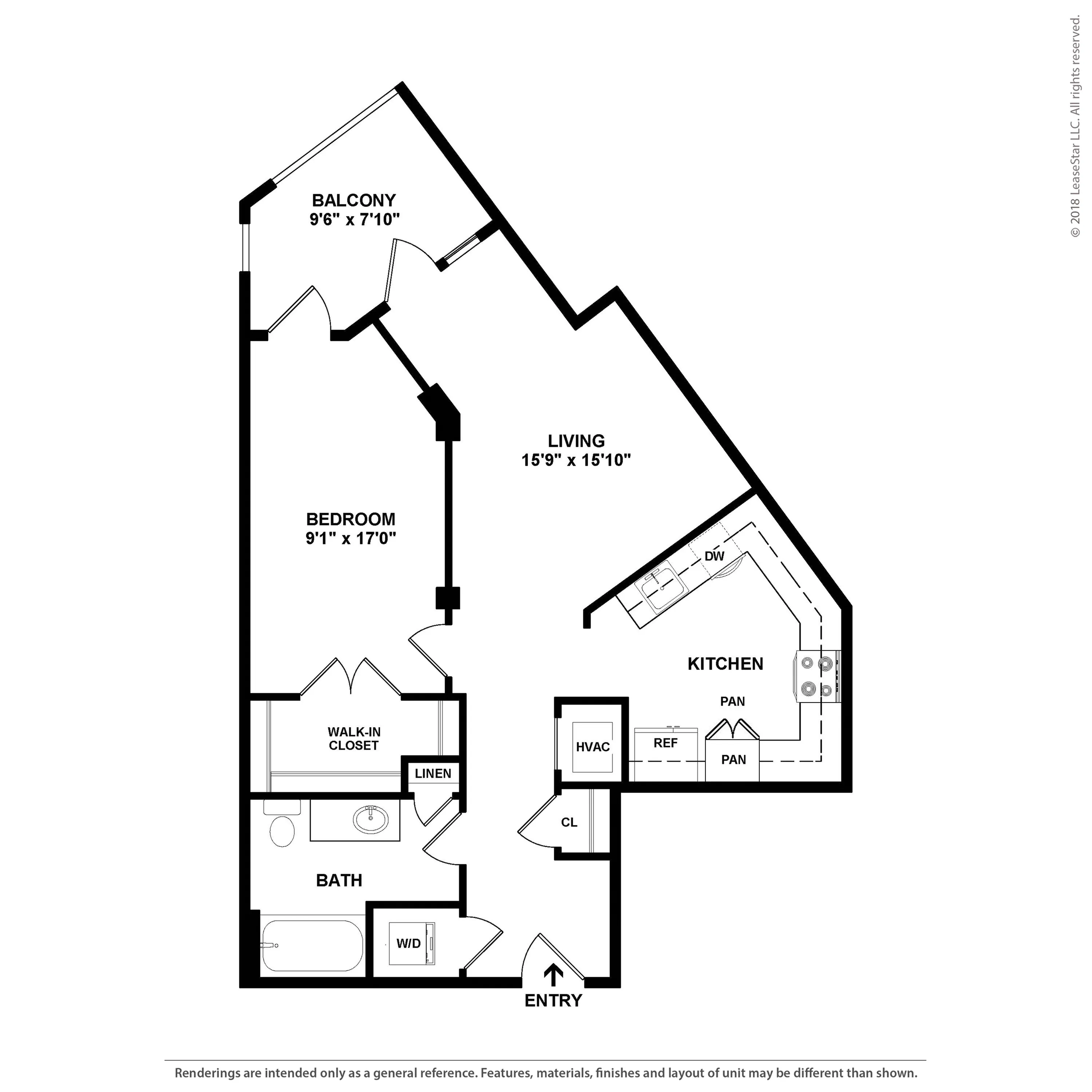 Modern floor plan showcasing a spacious bedroom with walk-in closet, large living area, sleek kitchen with pantry, and a cozy balcony.
