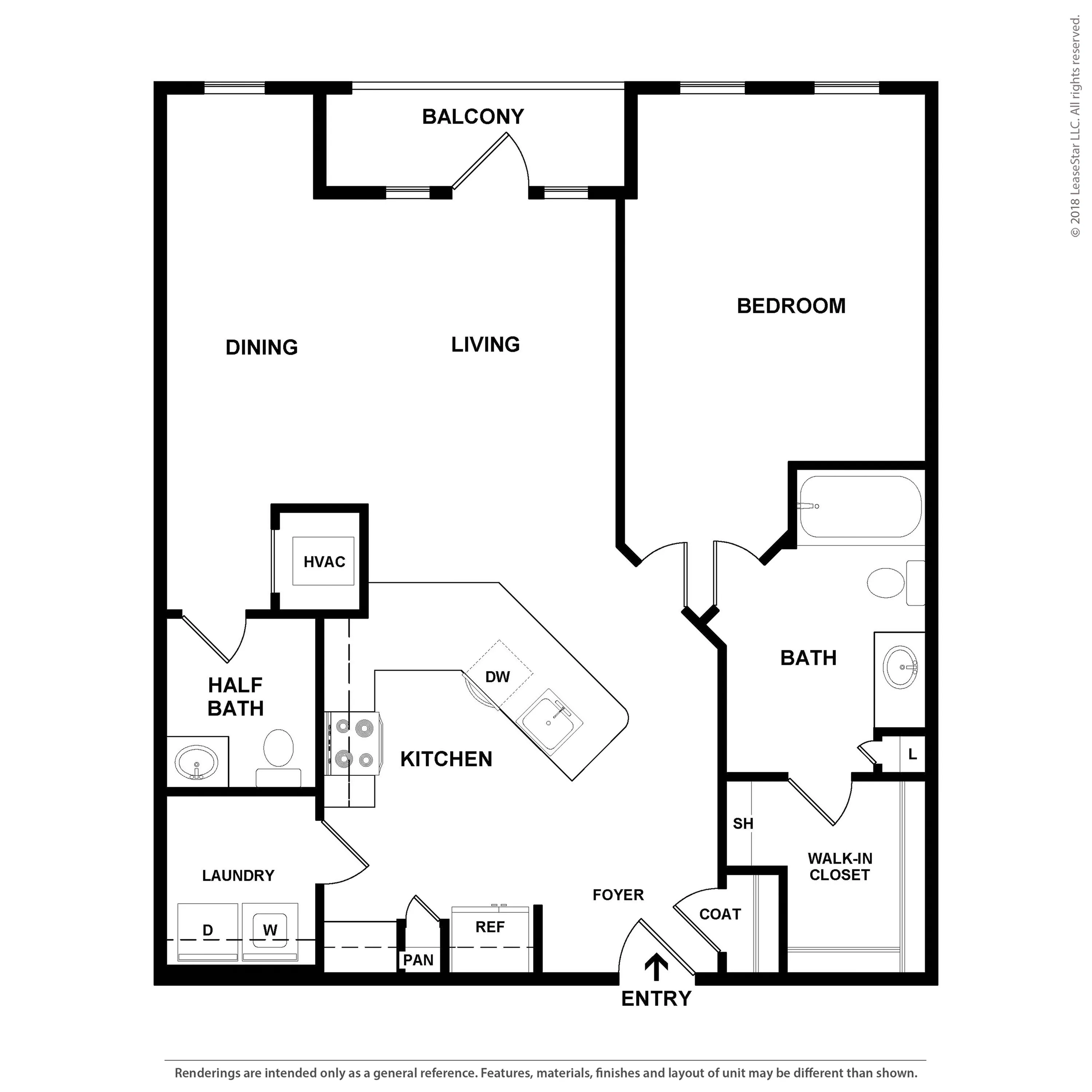 Modern apartment floor plan with one bedroom, spacious living and dining area, stylish kitchen with island, convenient half bath, laundry area, and balcony access.