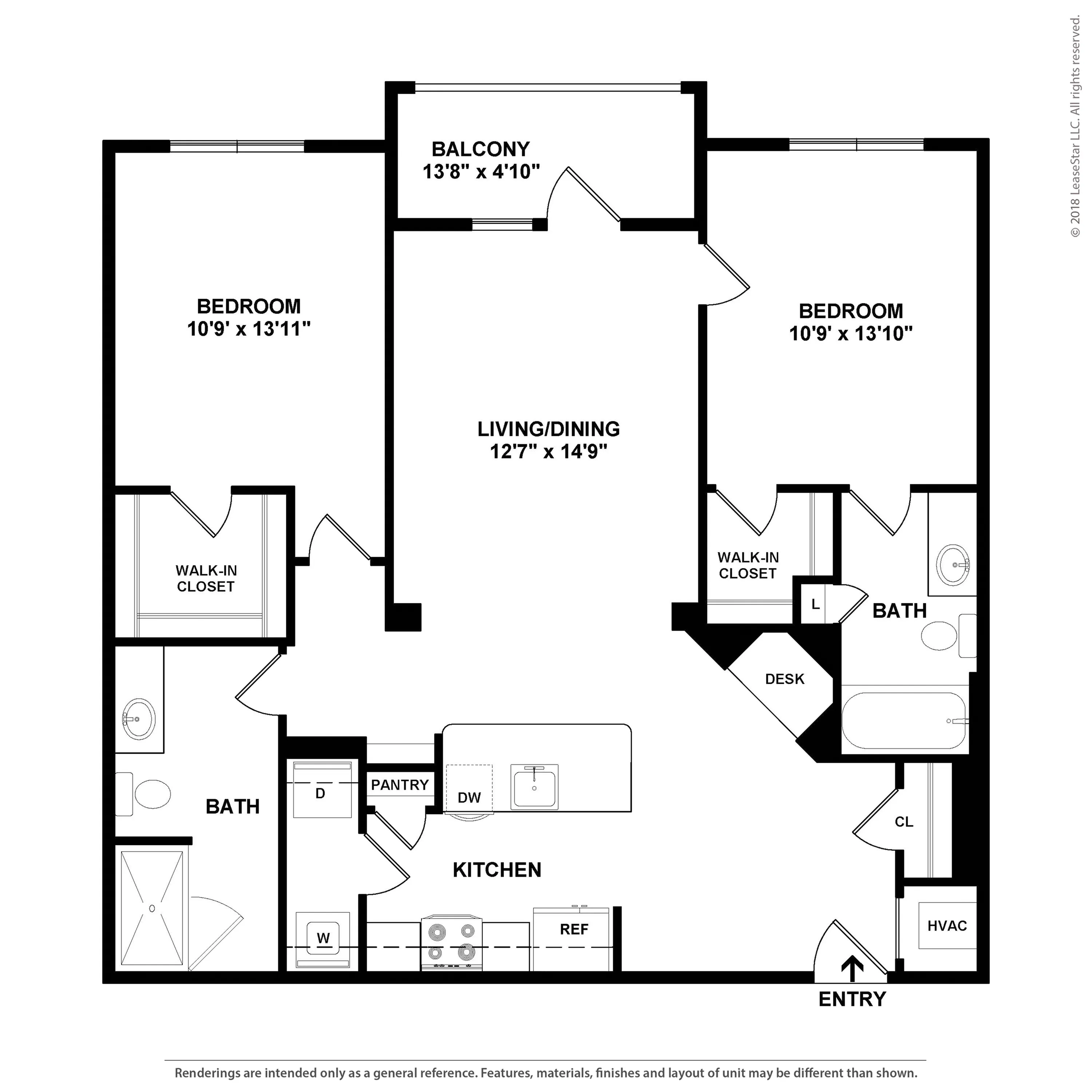 Contemporary floor plan showcasing 2 spacious bedrooms, open living/dining area, modern kitchen, and a cozy balcony.