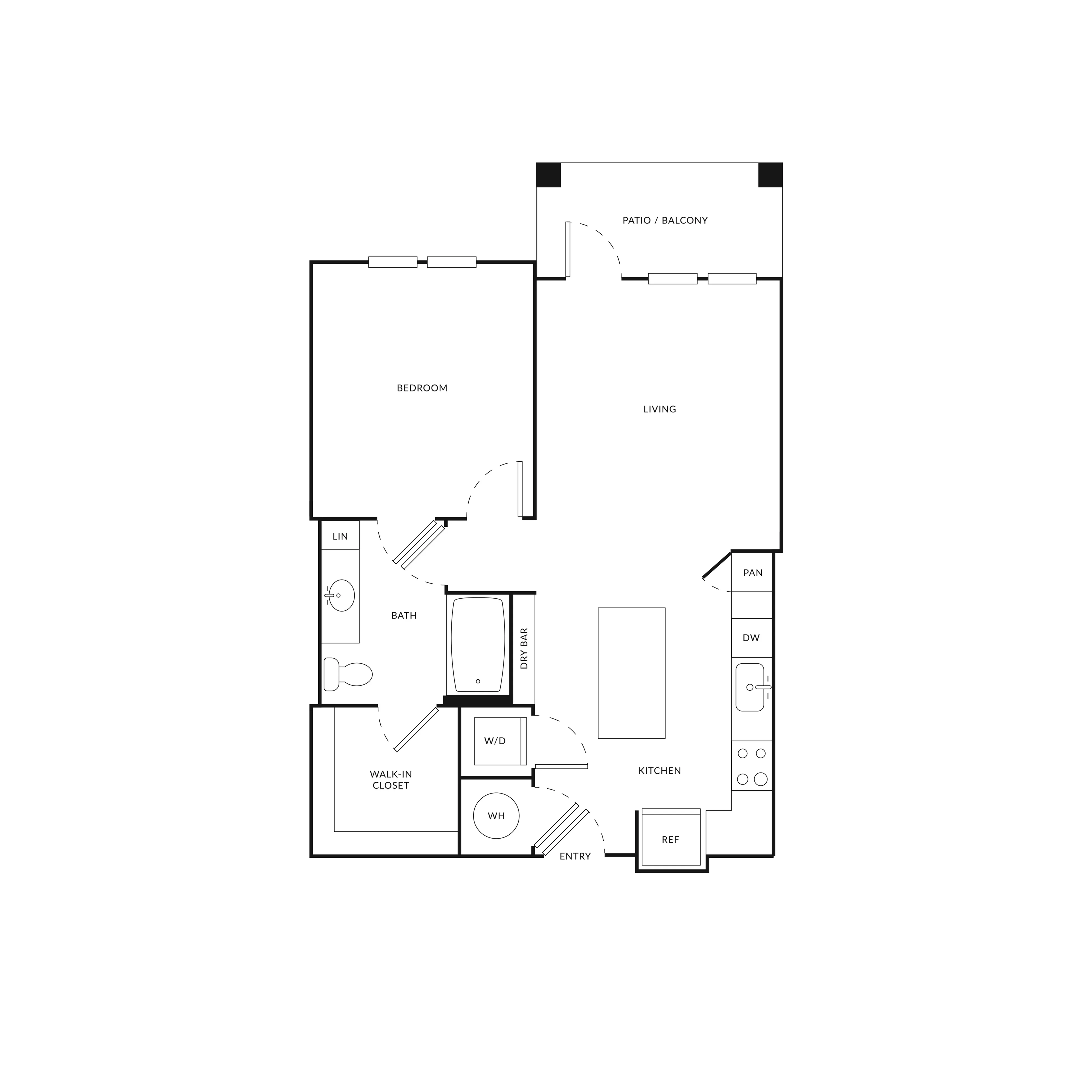 Modern floor plan showcasing a single-bedroom layout with open living space, kitchen, and patio access.