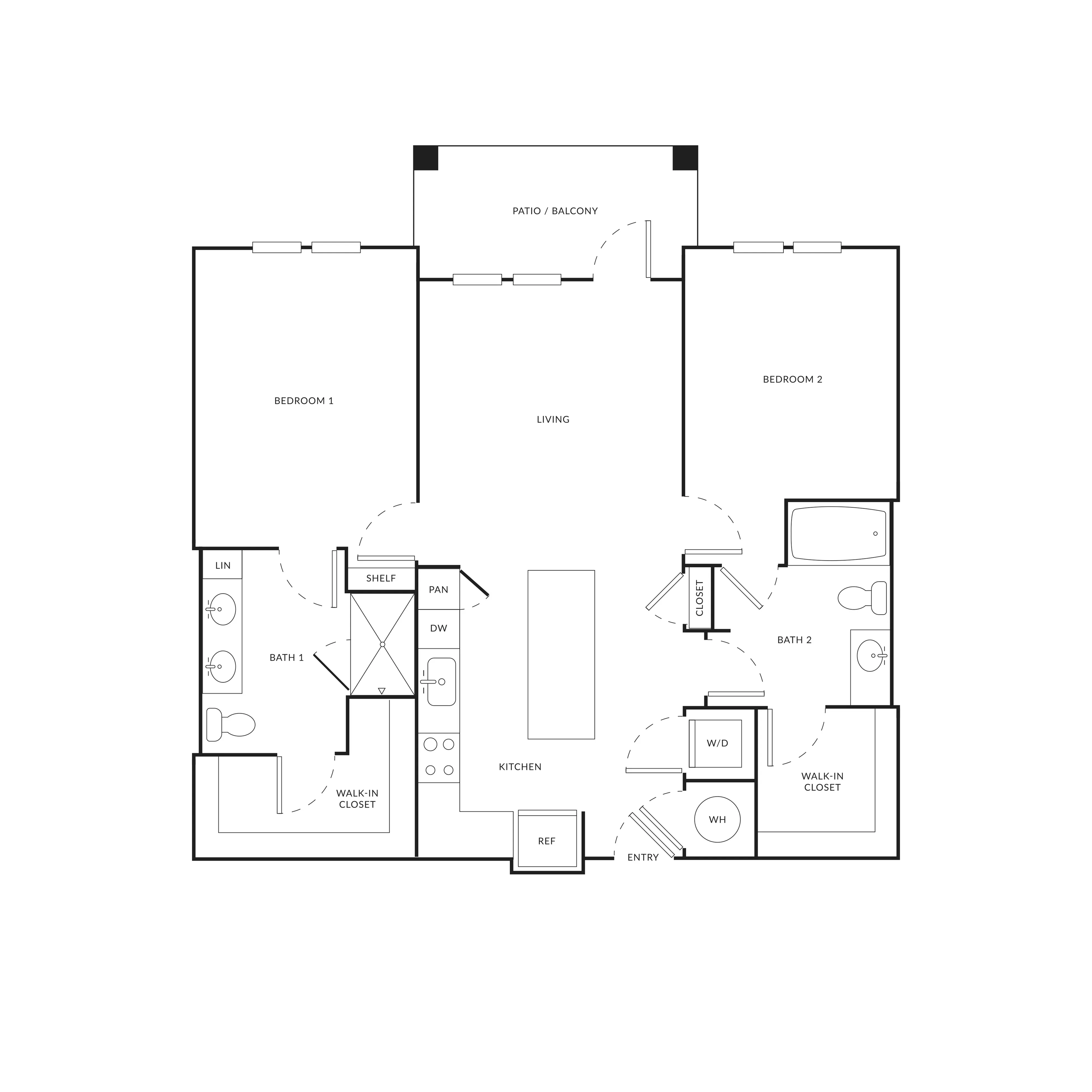 Modern 2-bedroom floor plan featuring open living space, two bathrooms, and a spacious kitchen with an island, complete with a patio for outdoor relaxation.