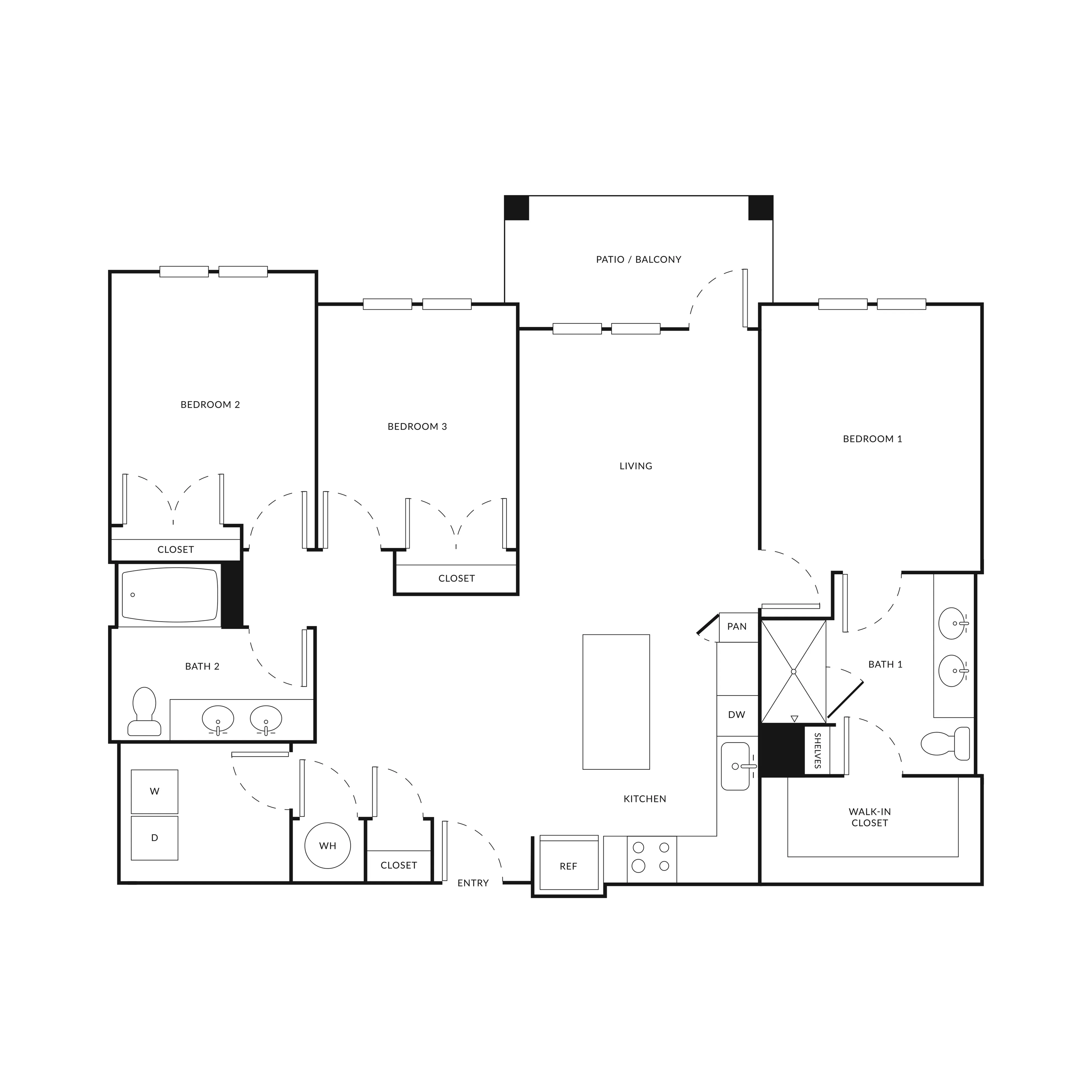 Modern floor plan showcasing 3 bedrooms, spacious living area, gourmet kitchen, and two sleek bathrooms with access to balcony.