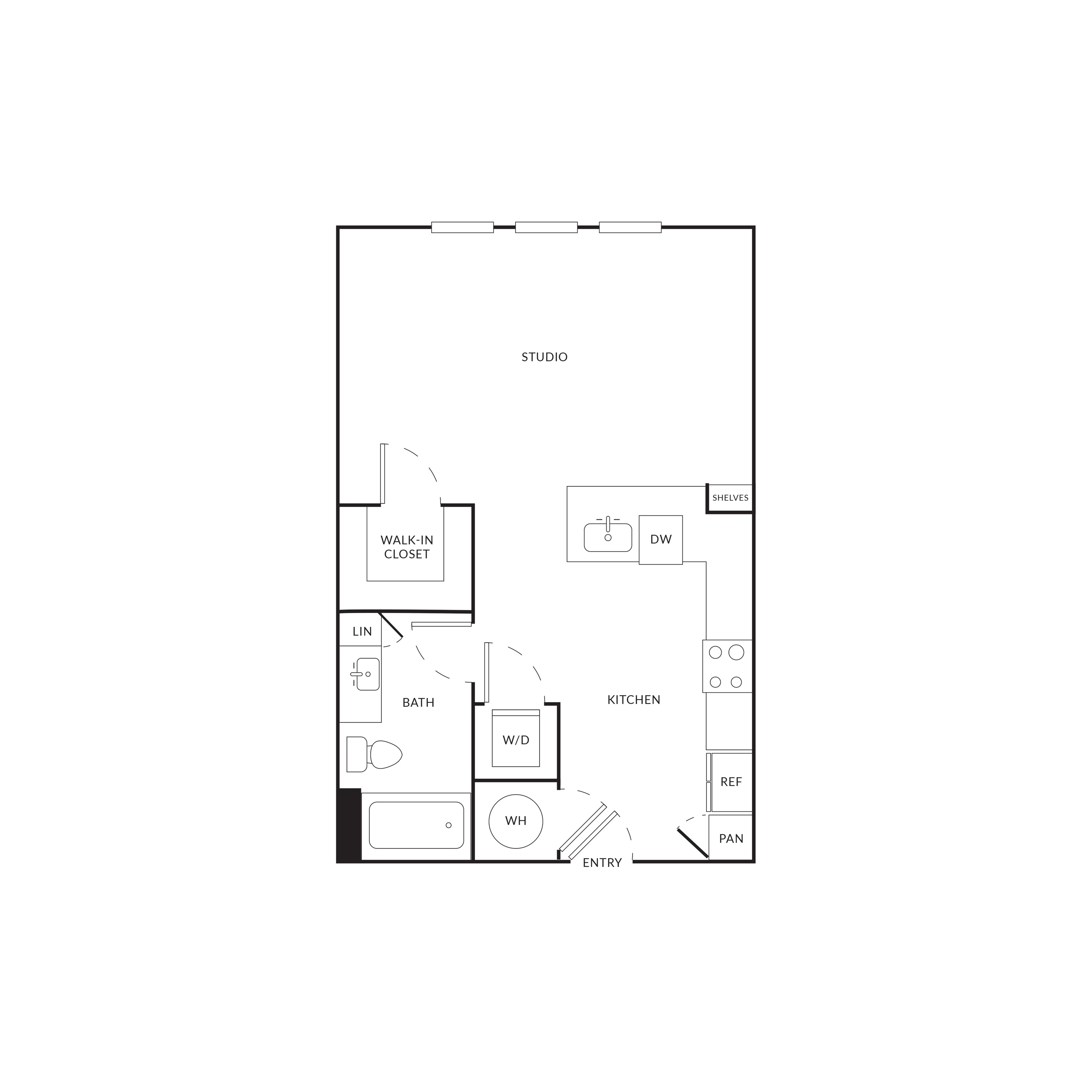 Efficient studio apartment floor plan featuring an open space, modern kitchen, walk-in closet, and full bathroom.