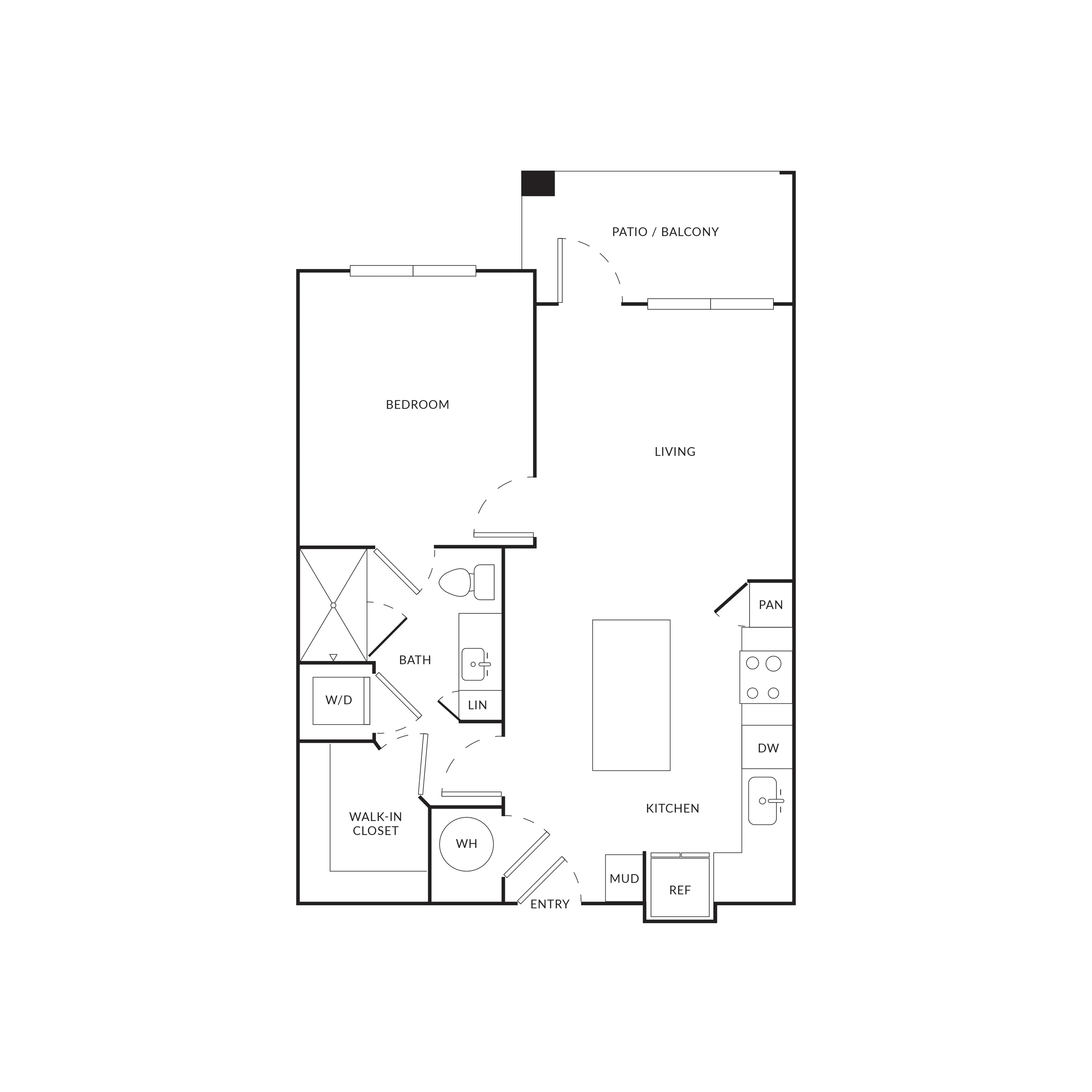 Contemporary floor plan featuring a bedroom, spacious living area, modern kitchen, walk-in closet, and patio access.