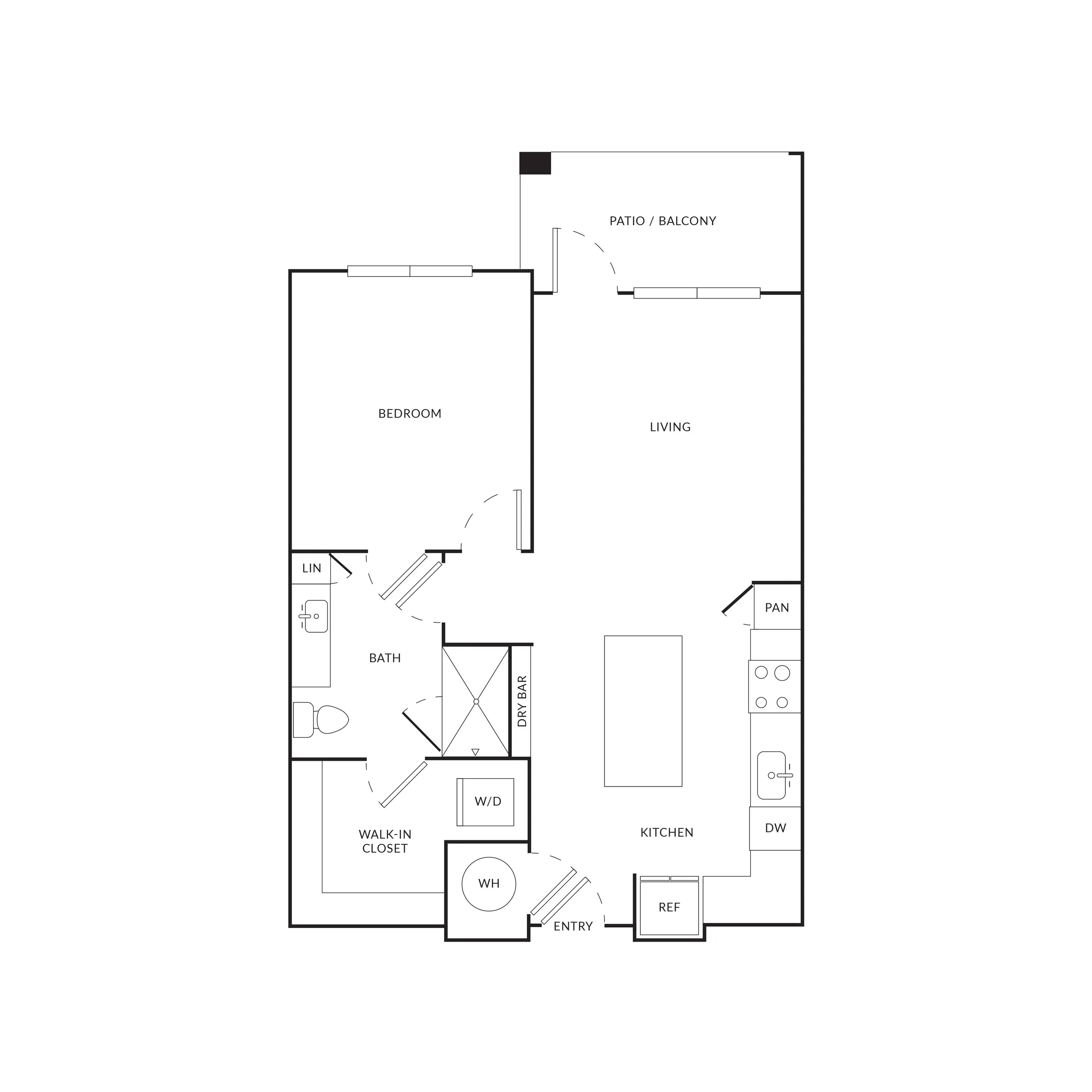Modern floor plan showcasing a spacious one-bedroom layout with a large living area, stylish kitchen, and private patio.
