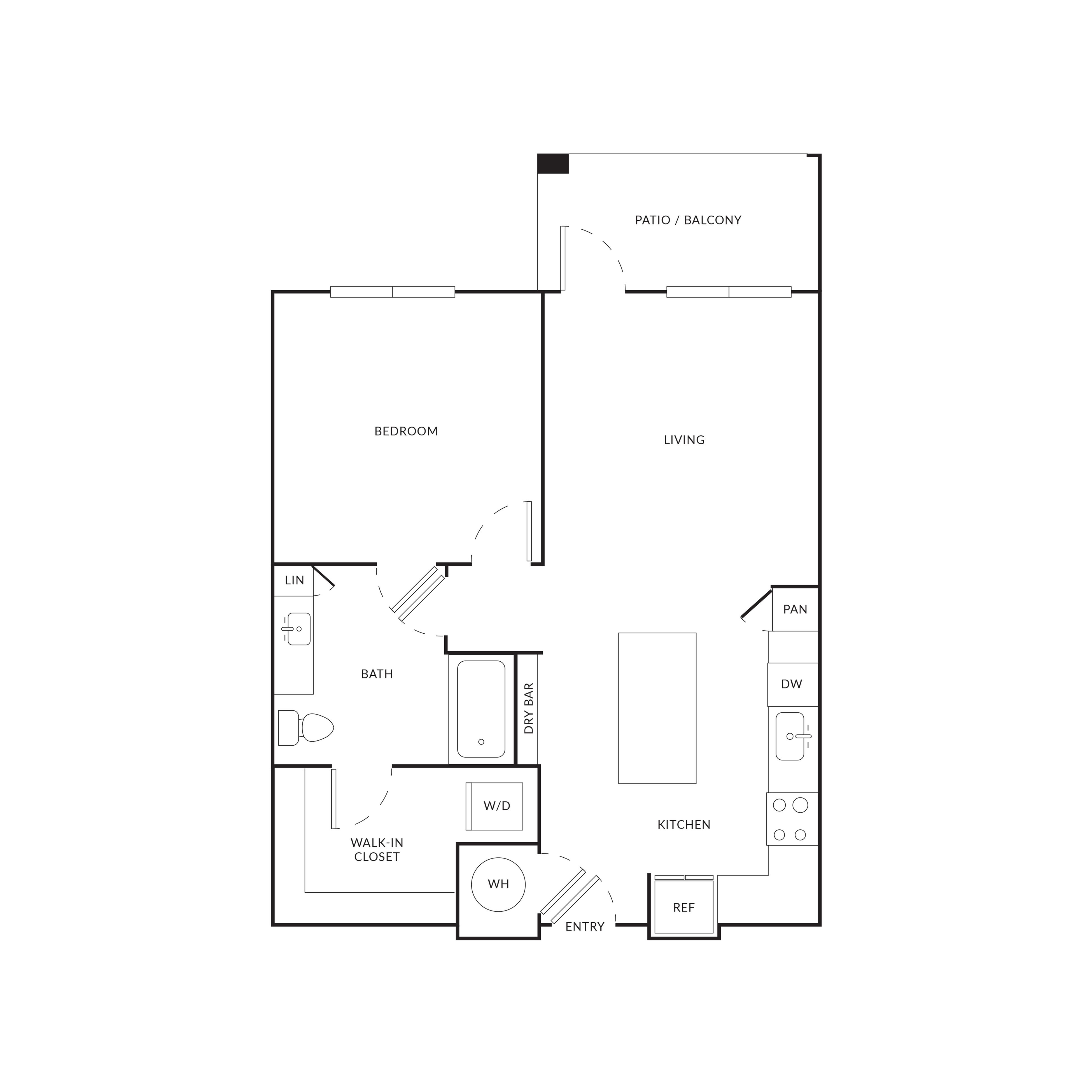 Modern floor plan showcasing a spacious 1-bedroom apartment with open living area, stylish kitchen with pantry, and private patio.