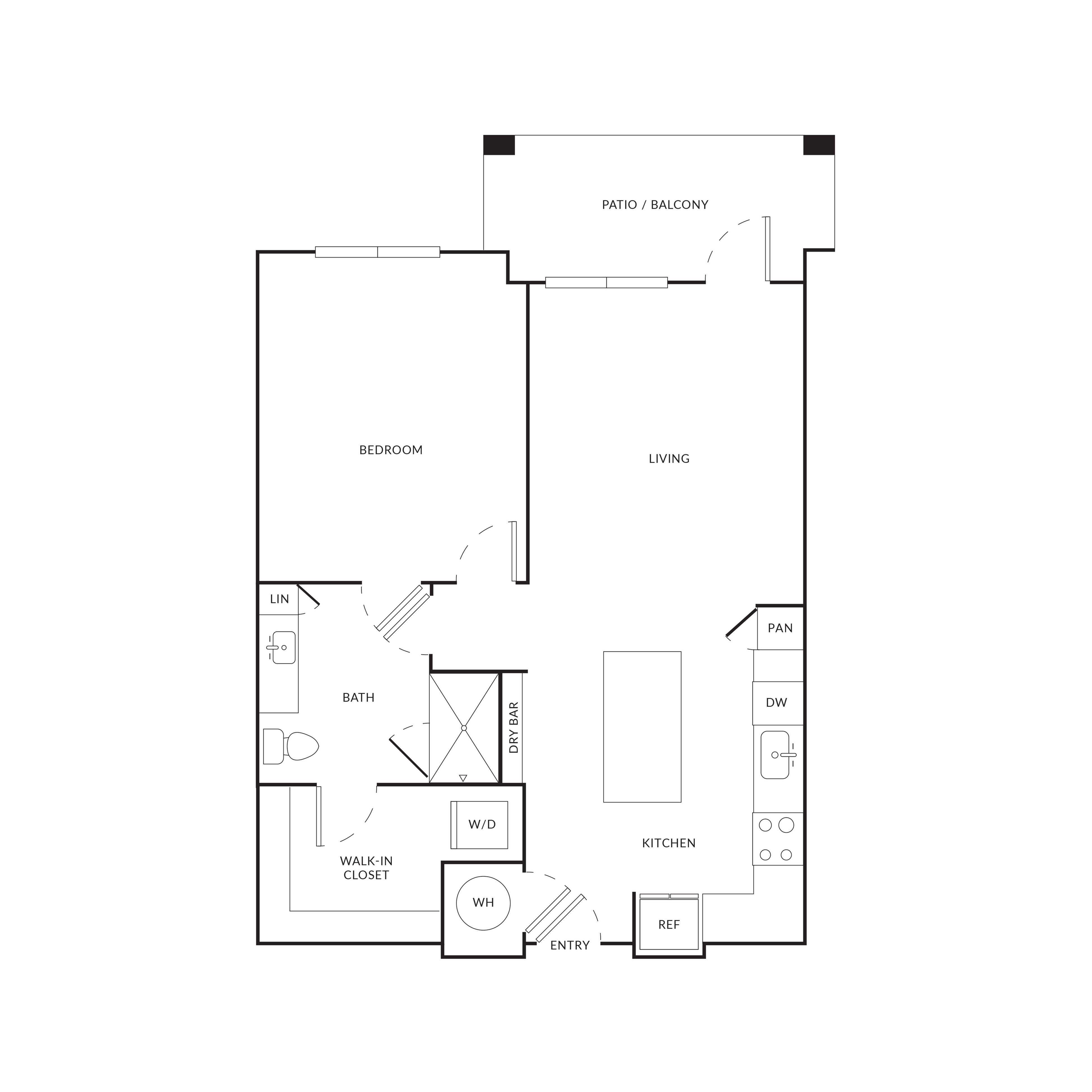 Modern floor plan showcasing one bedroom, open living area, stylish kitchen, and balcony access.