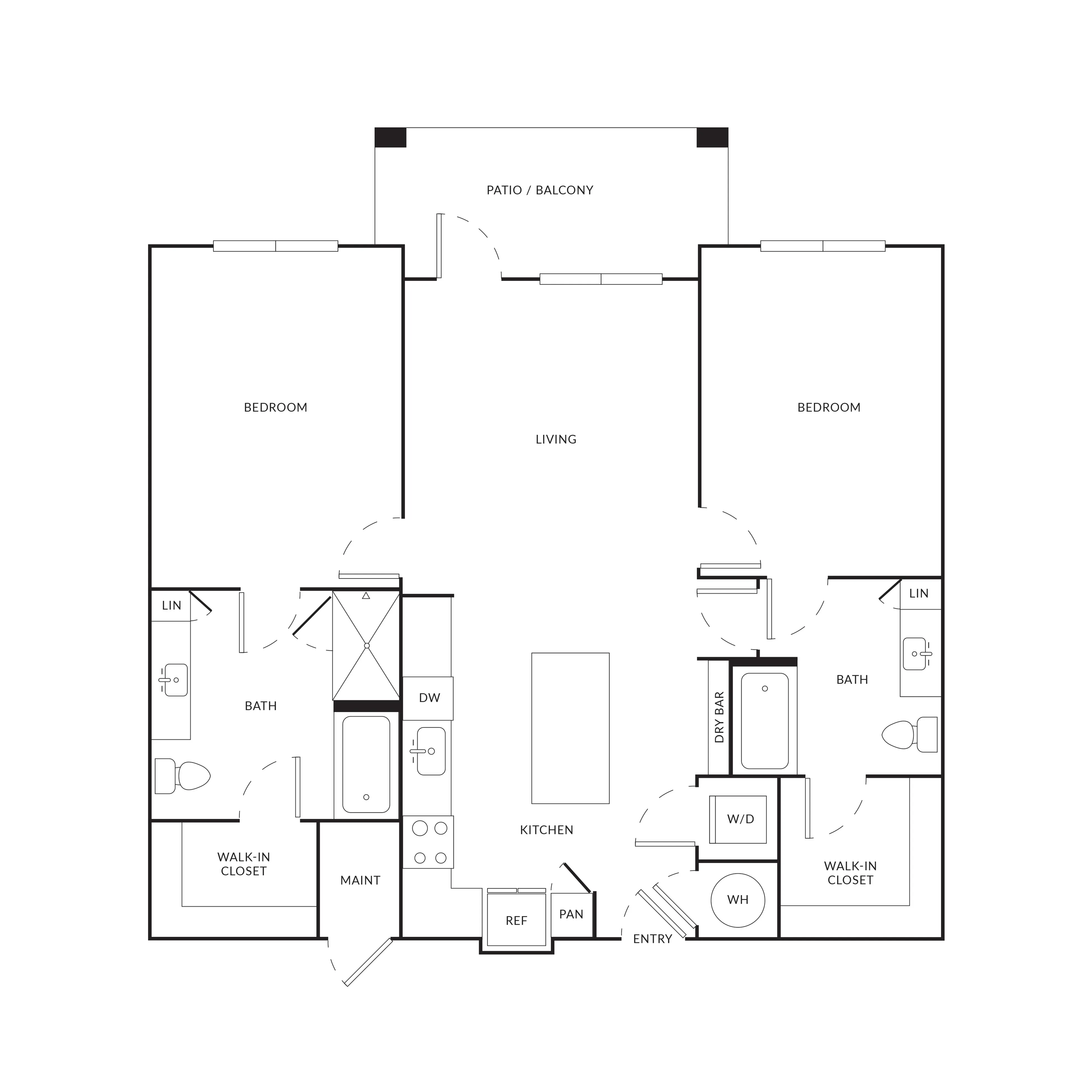 Modern floor plan showcasing 2 bedrooms, spacious living area, kitchen with dry bar, 2 baths, walk-in closets, and balcony access.