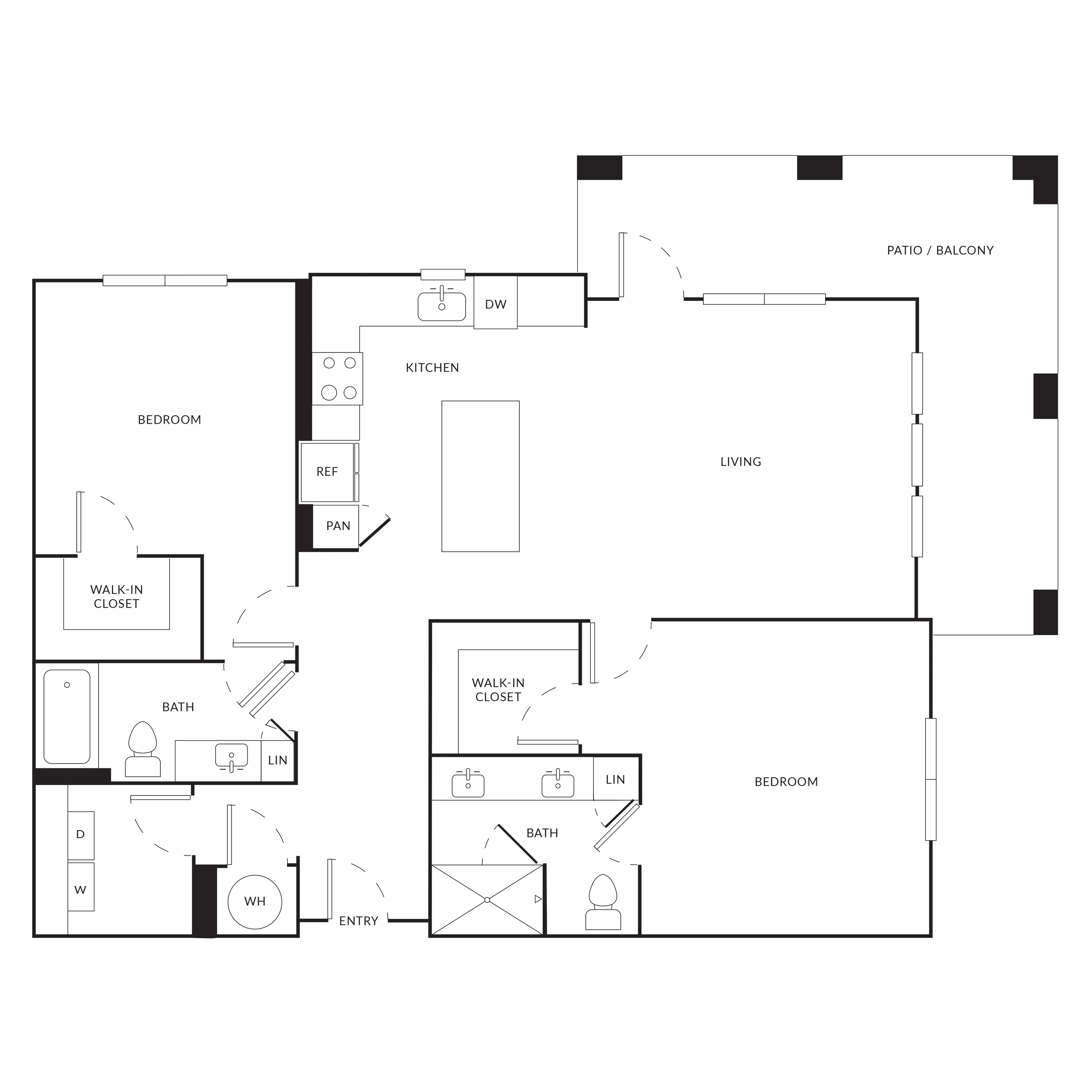 Elegant floor plan featuring 2 spacious bedrooms, open living area, modern kitchen, and large patio balcony.