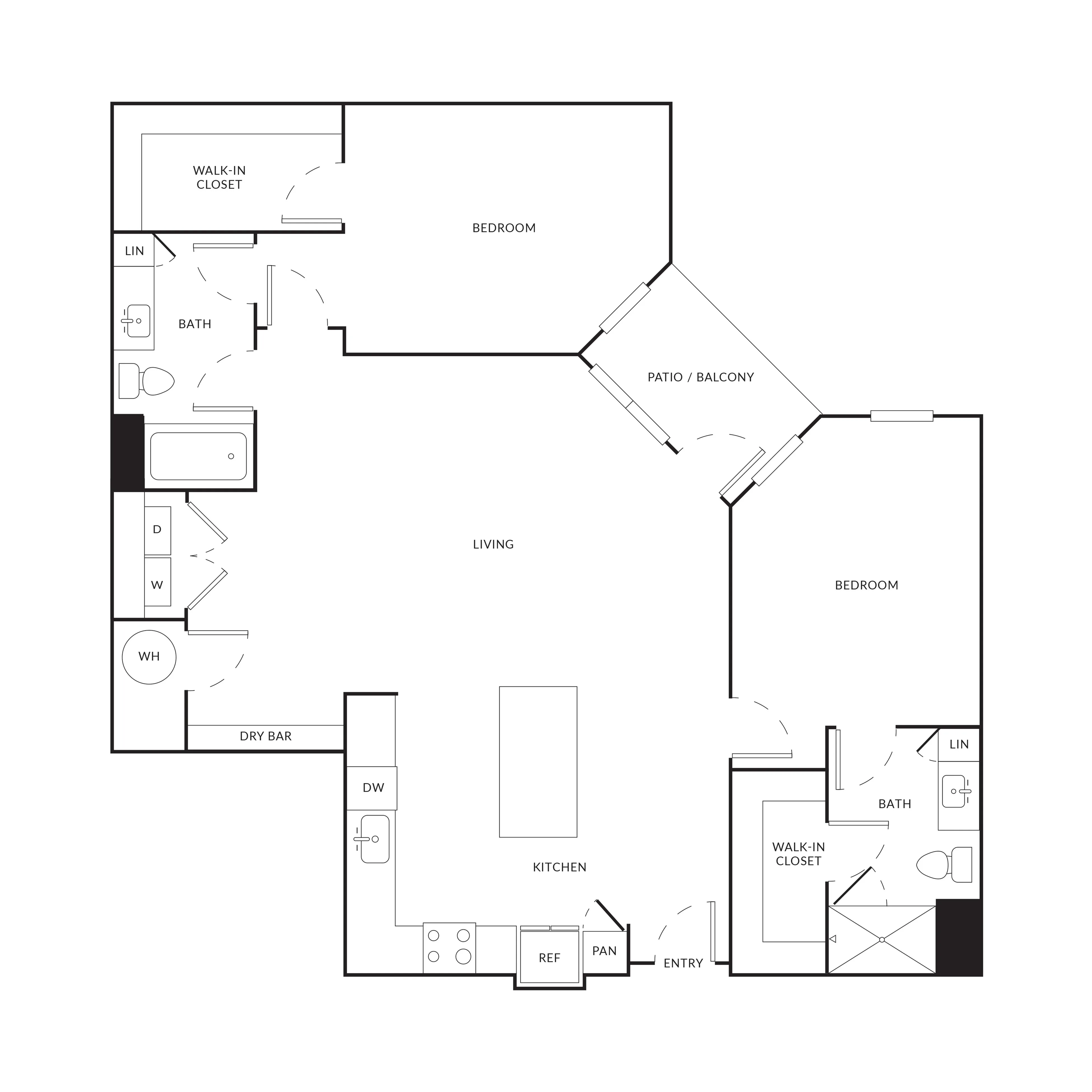 Modern floor plan with 2 elegant bedrooms, spacious living area, patio balcony, and gourmet kitchen.
