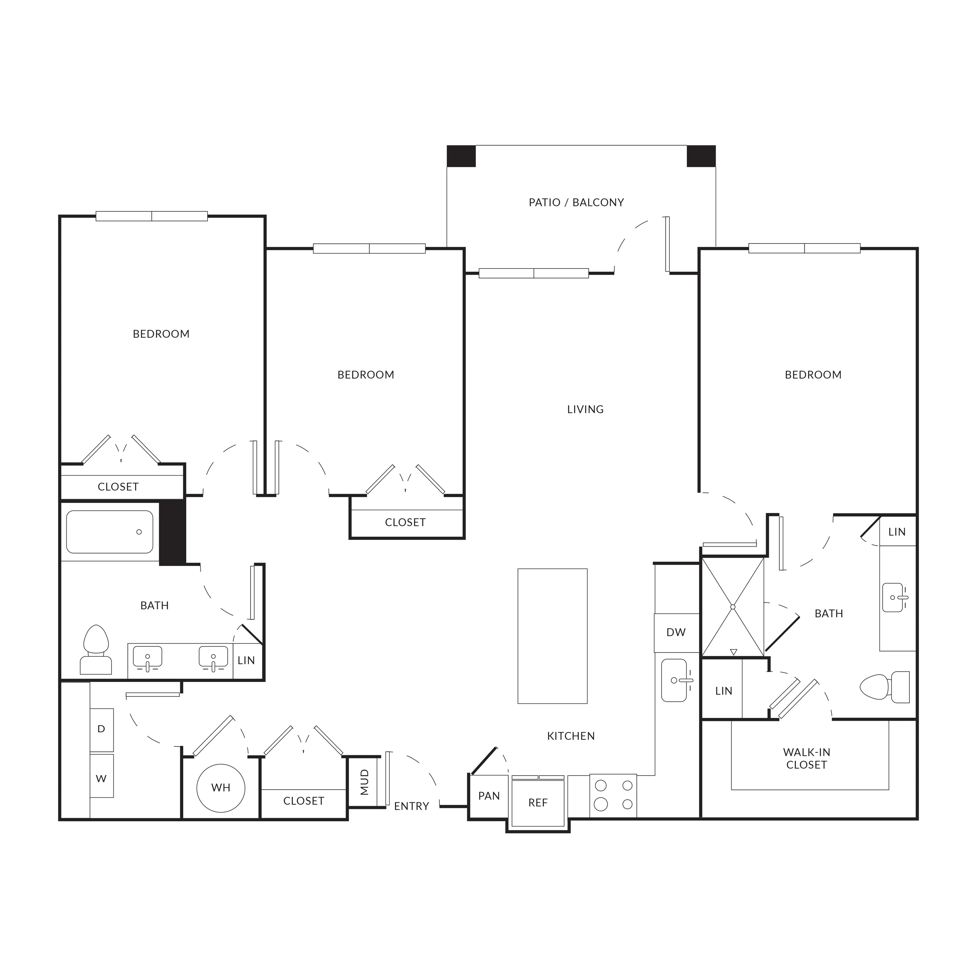 Modern floor plan highlighting 3 bedrooms, spacious living area, open kitchen, and a charming patio/balcony.