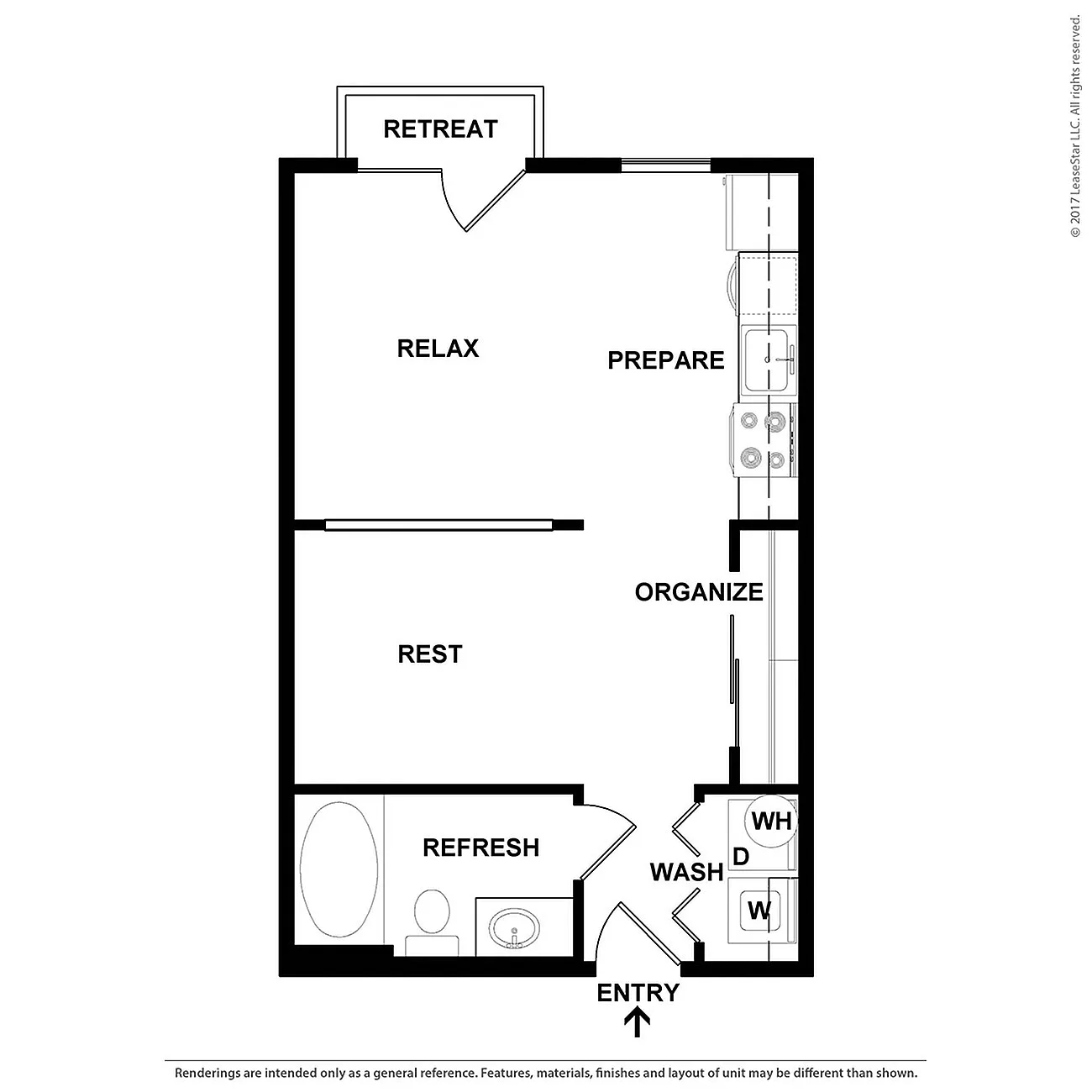 Elegant studio floor plan featuring retreat, relax, and prepare zones, with a refresh area and convenient entry. Includes organized spaces for a seamless living experience.