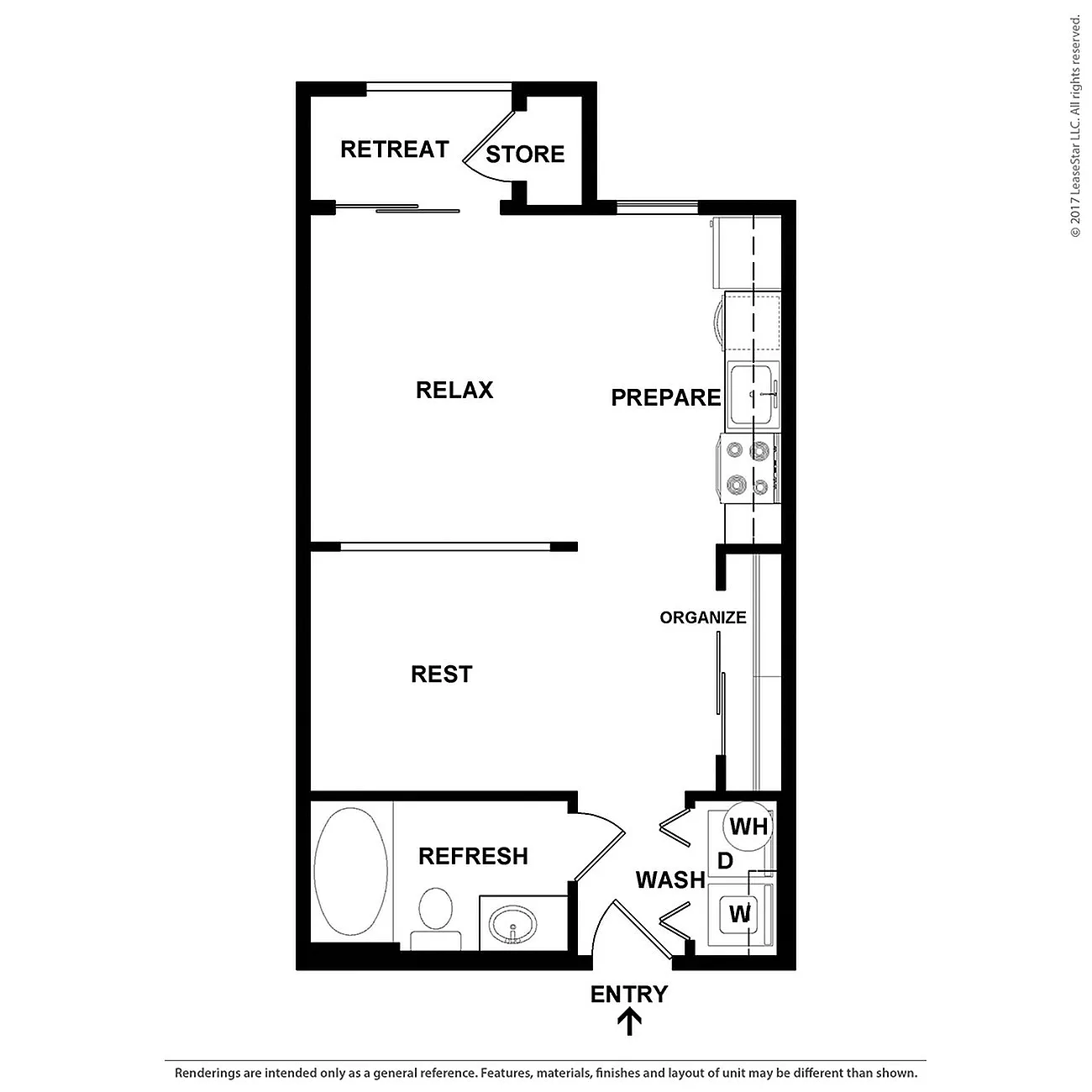 Modern studio floor plan with designated spaces for relaxing, preparing meals, resting, and refreshing, includes in-unit laundry area.