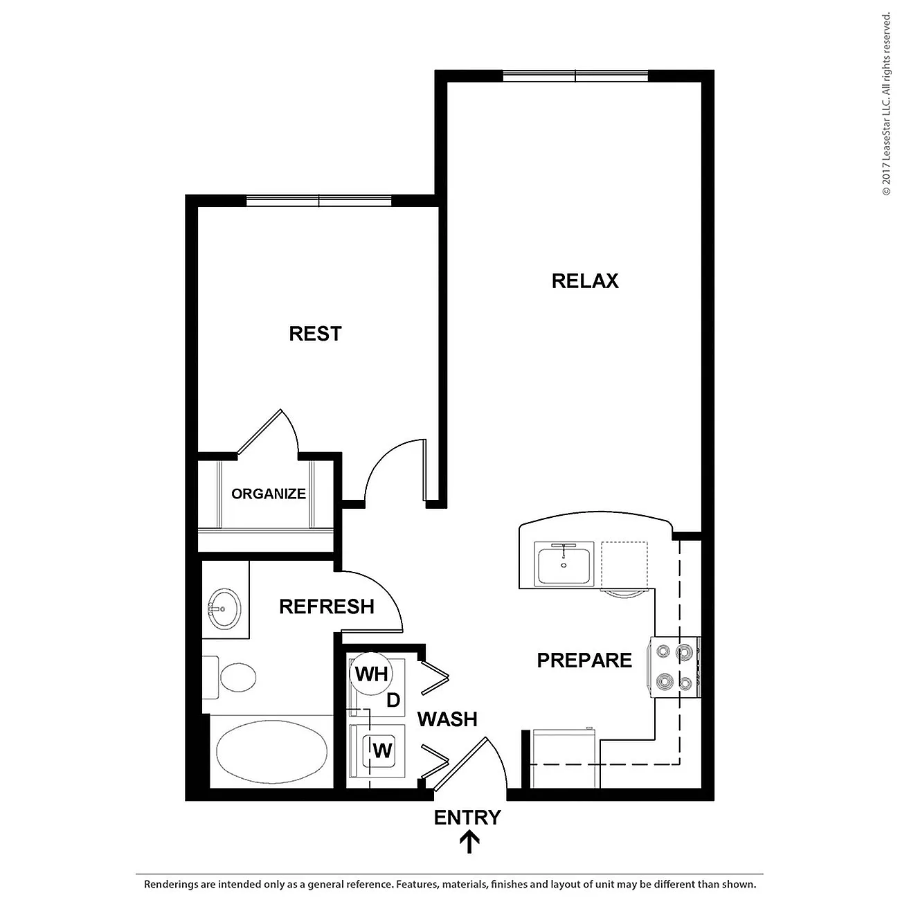 Modern apartment floor plan showcasing a cozy 1-bedroom layout with open living space, efficient kitchen, and convenient laundry area.