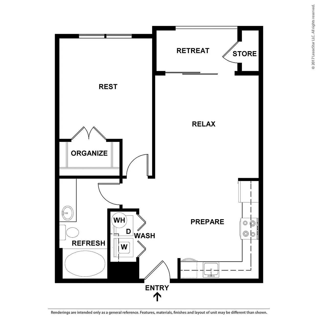 Modern floor plan featuring a spacious retreat, restful bedroom, organized storage, and open-concept living area with kitchen.