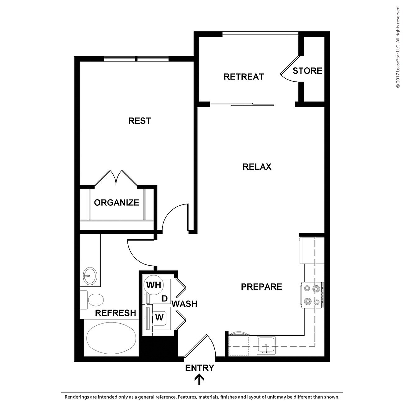 Modern floor plan showcasing a versatile one-bedroom layout with a spacious retreat, open-plan living and kitchen area, ample storage, and a luxurious bathroom.